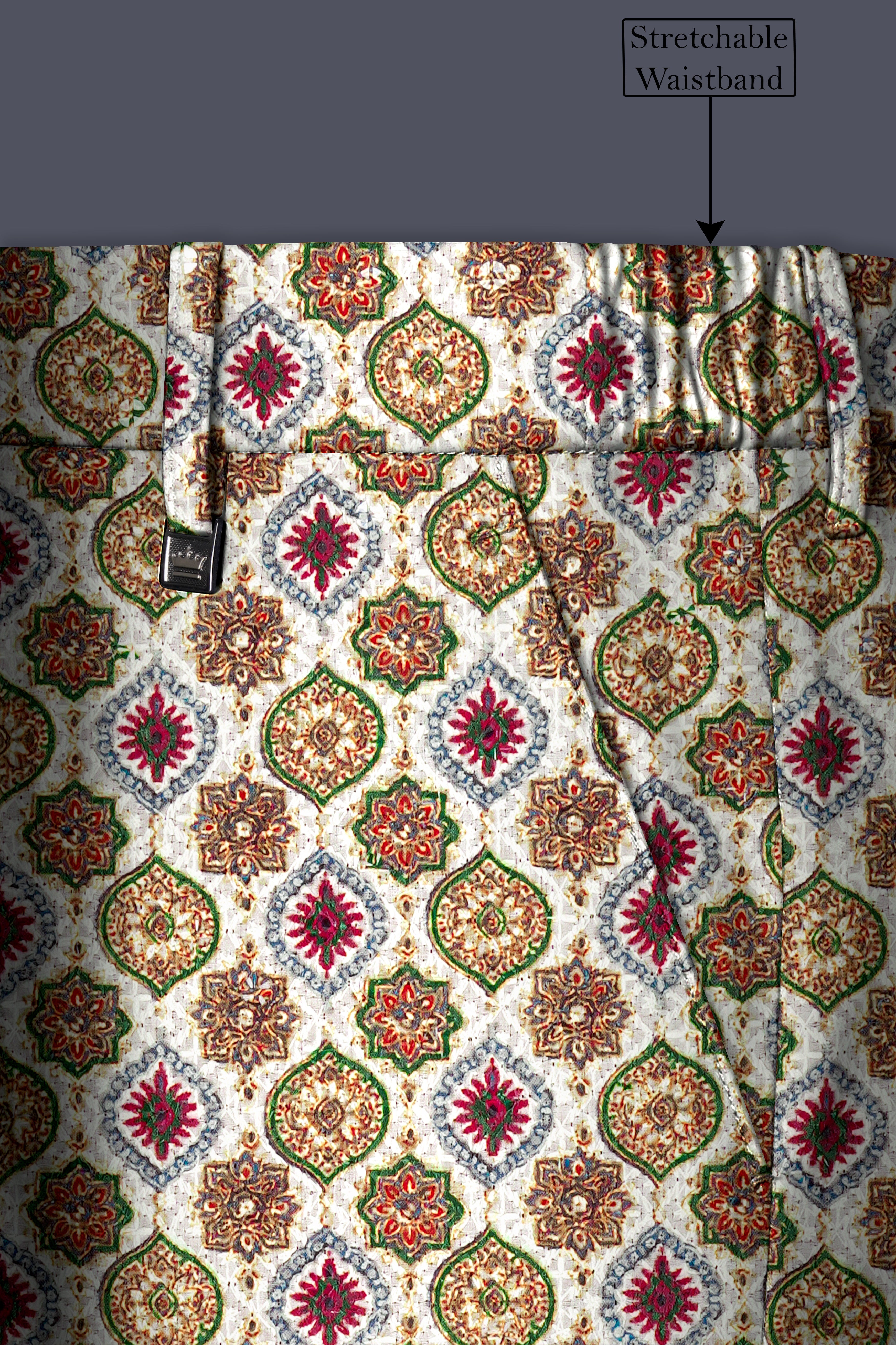 Alvesso-Bright White And Spruce Green Embroidered Designer Stretchable Waistband Pant