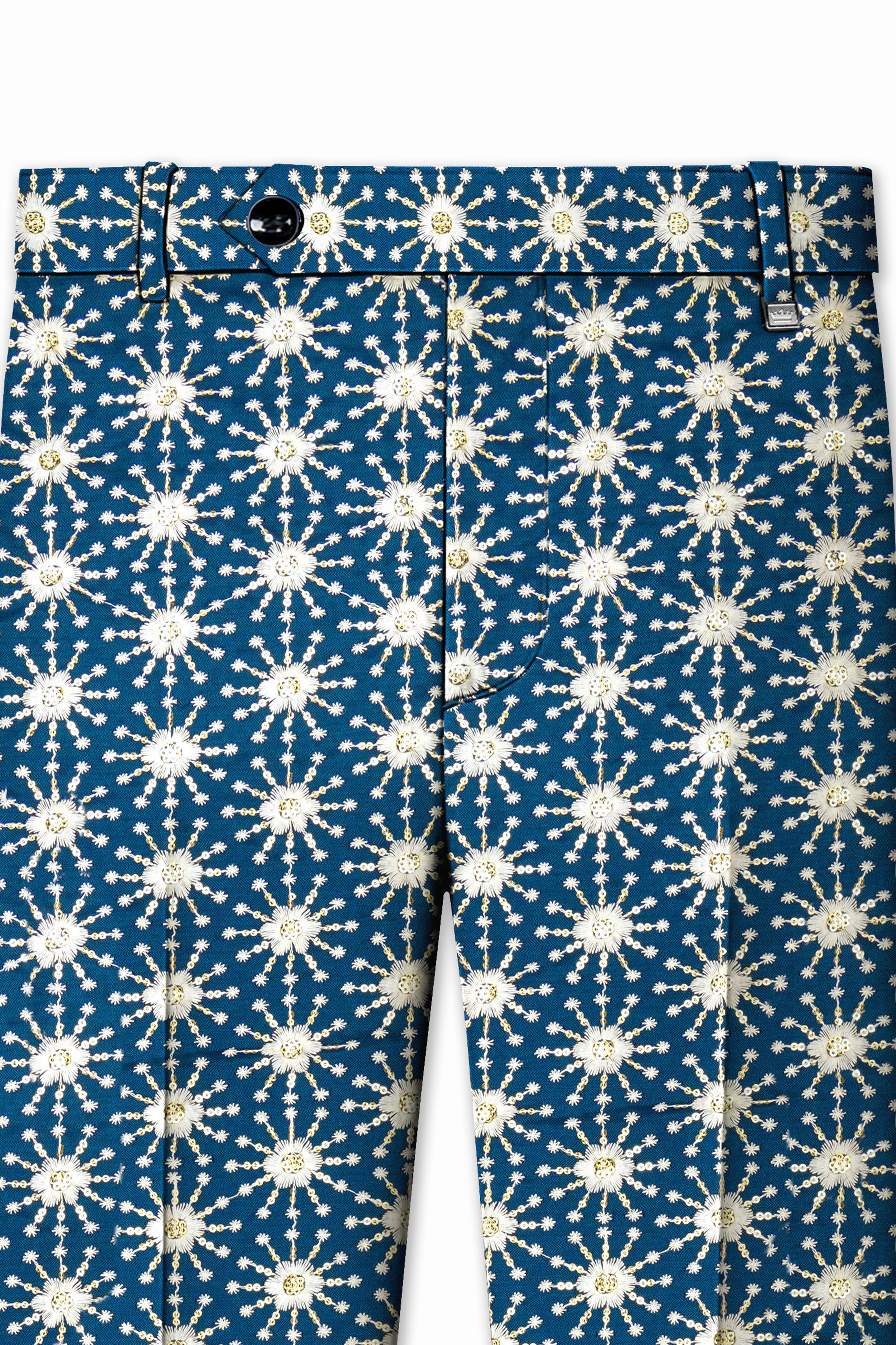 Bluviera-Sherpa Blue and Bright White Floral Embroidered with Sequin Work Viscose Designer Stretchable Waistband Pant