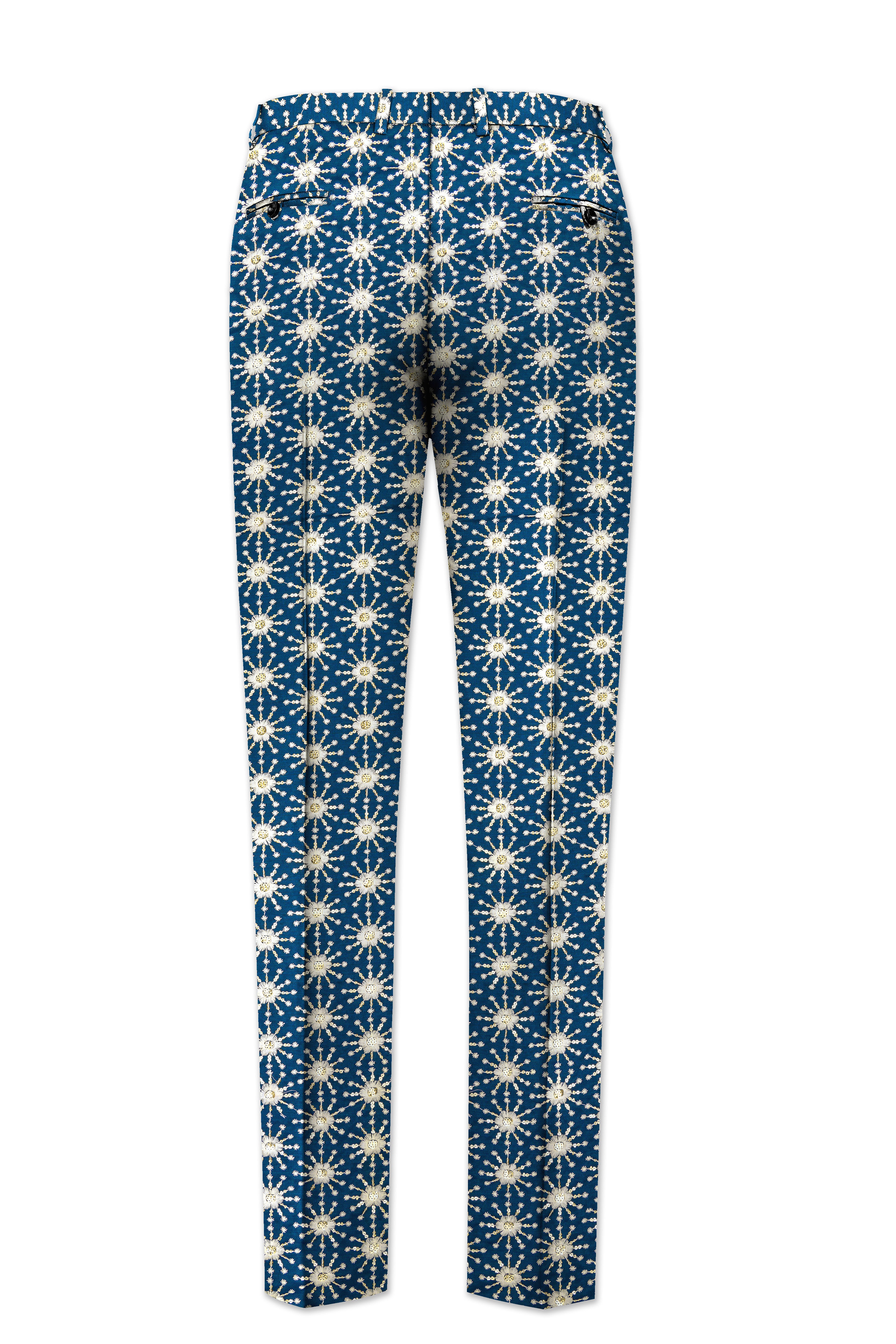 Bluviera-Sherpa Blue and Bright White Floral Embroidered with Sequin Work Viscose Designer Stretchable Waistband Pant