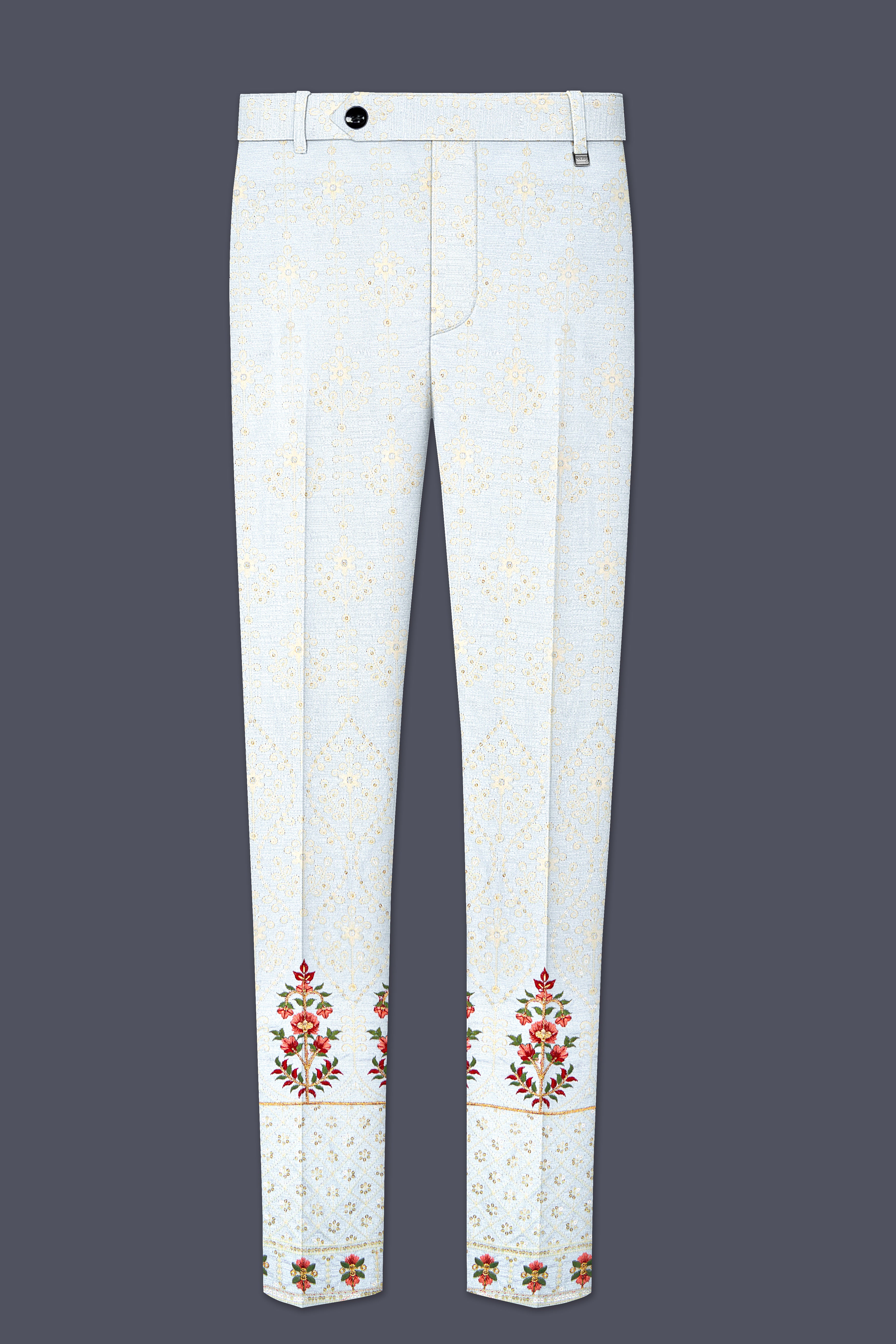 Rosavon-Merino Cream and Merlot Red Multicolour Thread and Sequin Embroidered Designer Stretchable Waistband Pant