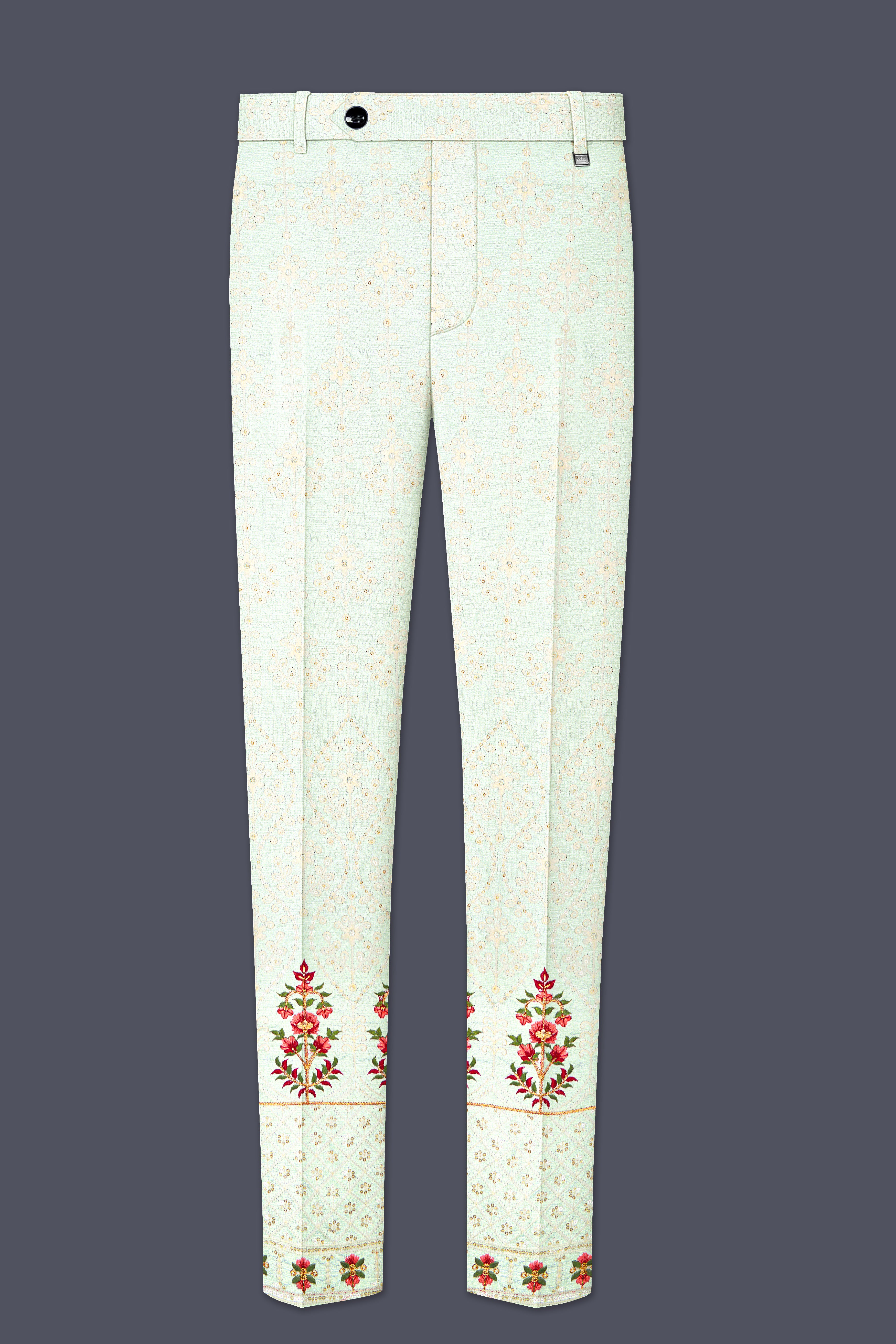 Finvera-Merino Cream with Finch Green Thread and Sequin Embroidered Designer Stretchable Waistband Pant