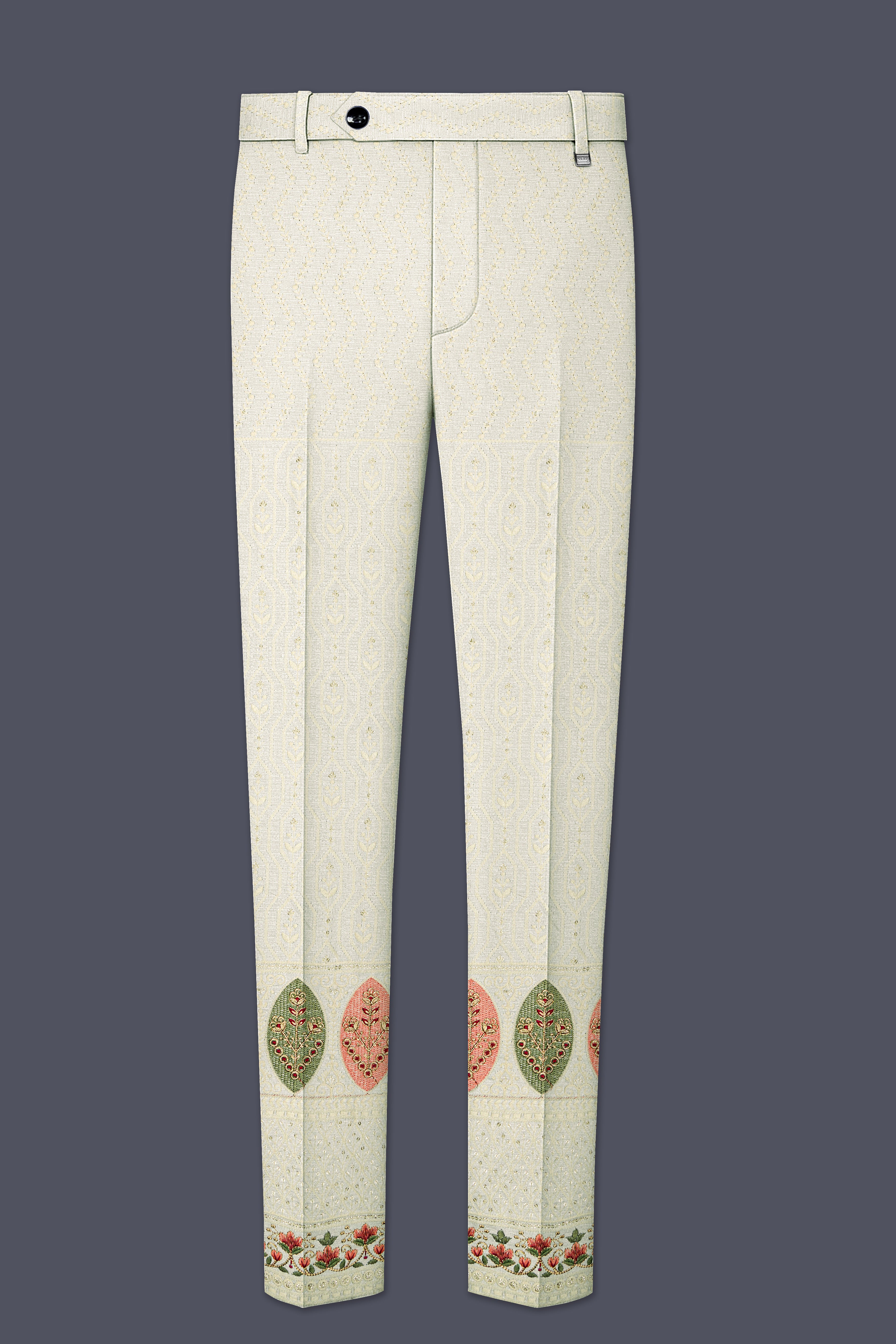 Lustrara-Antique Cream and Peachy Peach Thread and Sequin Embroidered Designer Stretchable Waistband Pant
