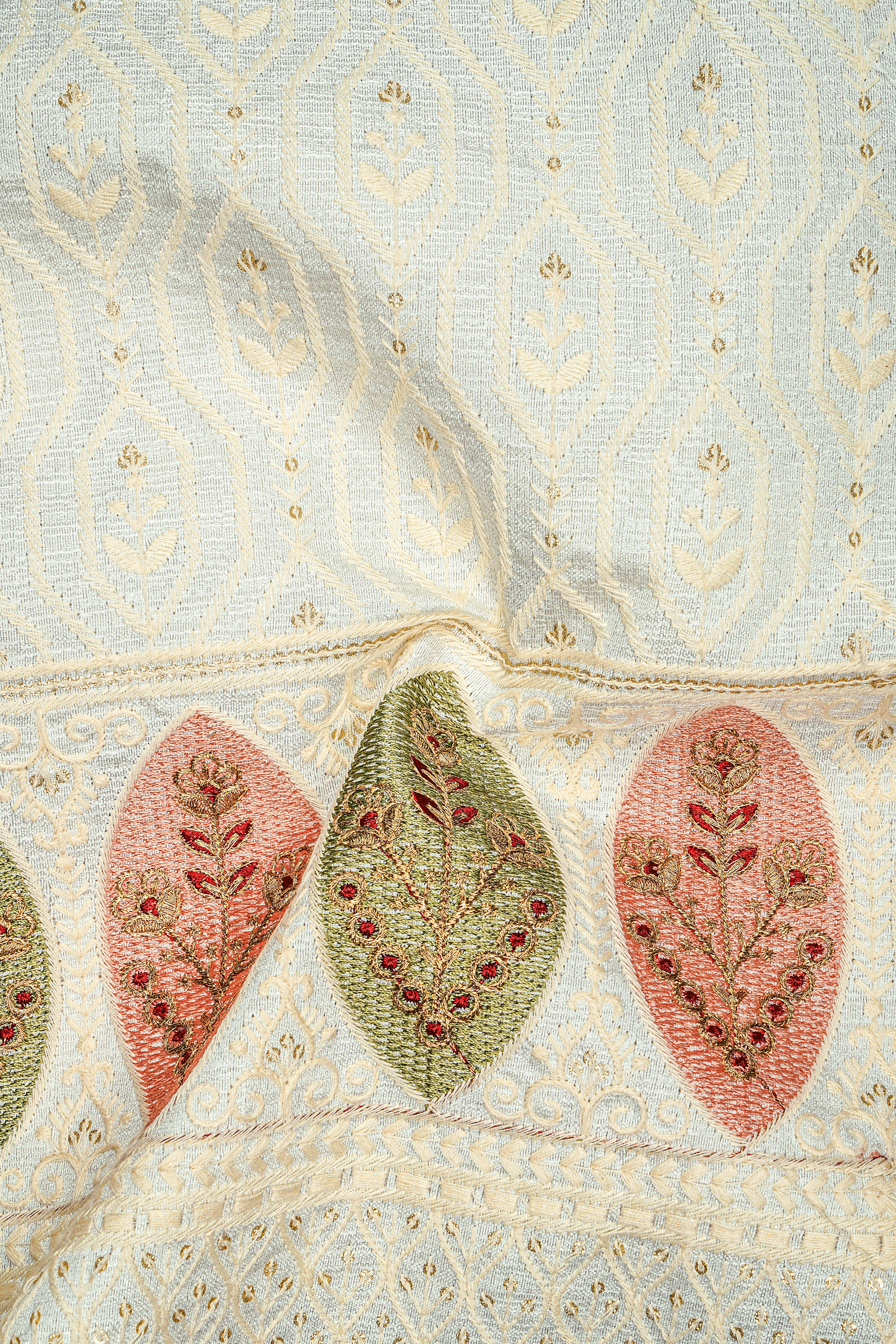 Lustrara-Antique Cream and Peachy Peach Thread and Sequin Embroidered Designer Stretchable Waistband Pant