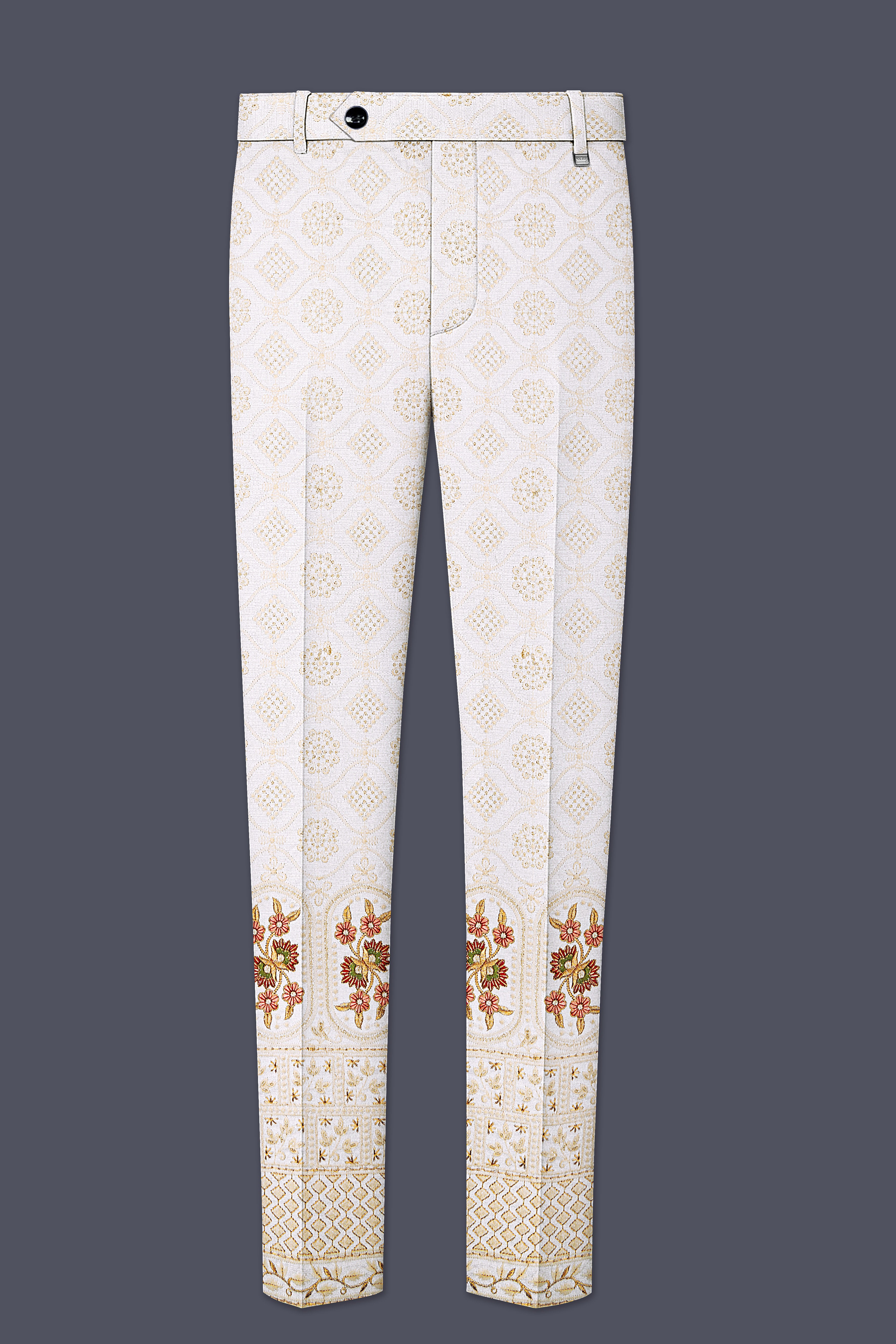 Aurevia-Spanish Cream and Flamingo Peach Thread and Sequin Embroidered Designer Stretchable Waistband Pant