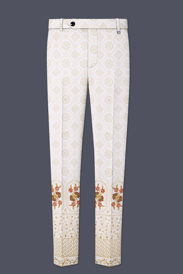Aurevia-Spanish Cream and Flamingo Peach Thread and Sequin Embroidered Designer Stretchable Waistband Pant