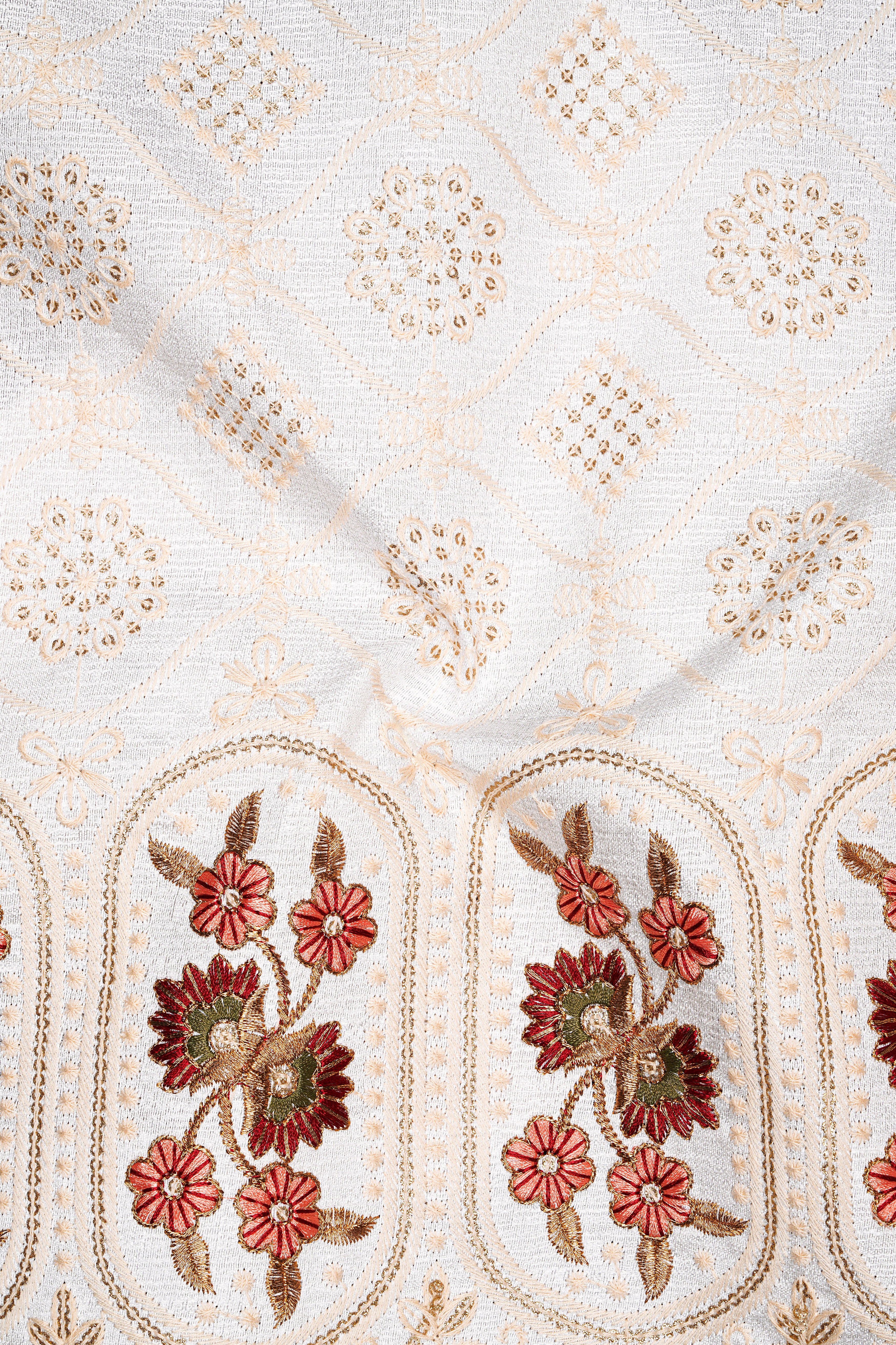 Aurevia-Spanish Cream and Flamingo Peach Thread and Sequin Embroidered Designer Stretchable Waistband Pant