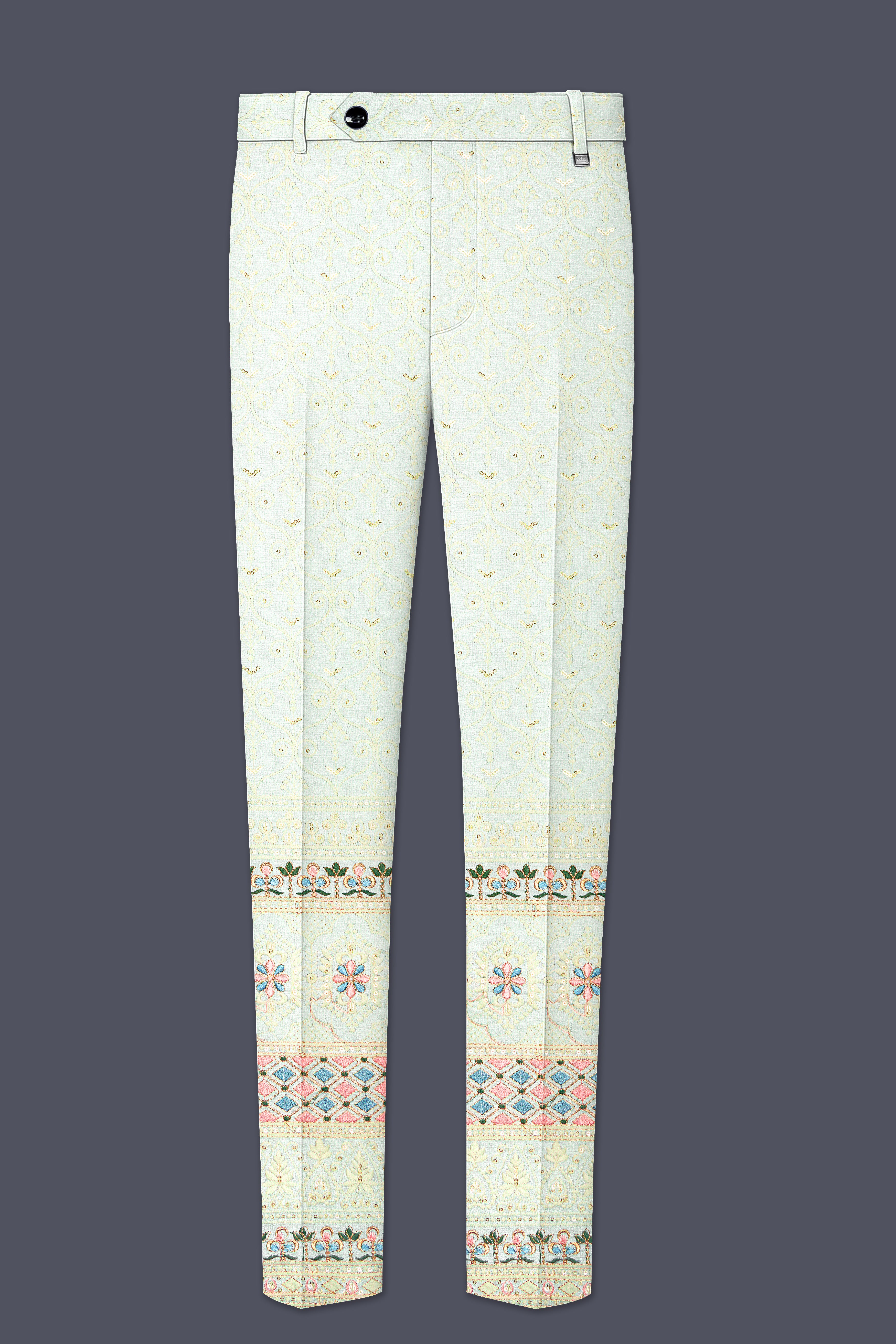 Auressa-merino Cream And Finch Green Multicolour Thread and Sequin Embroidered Designer Stretchable Waistband Pant