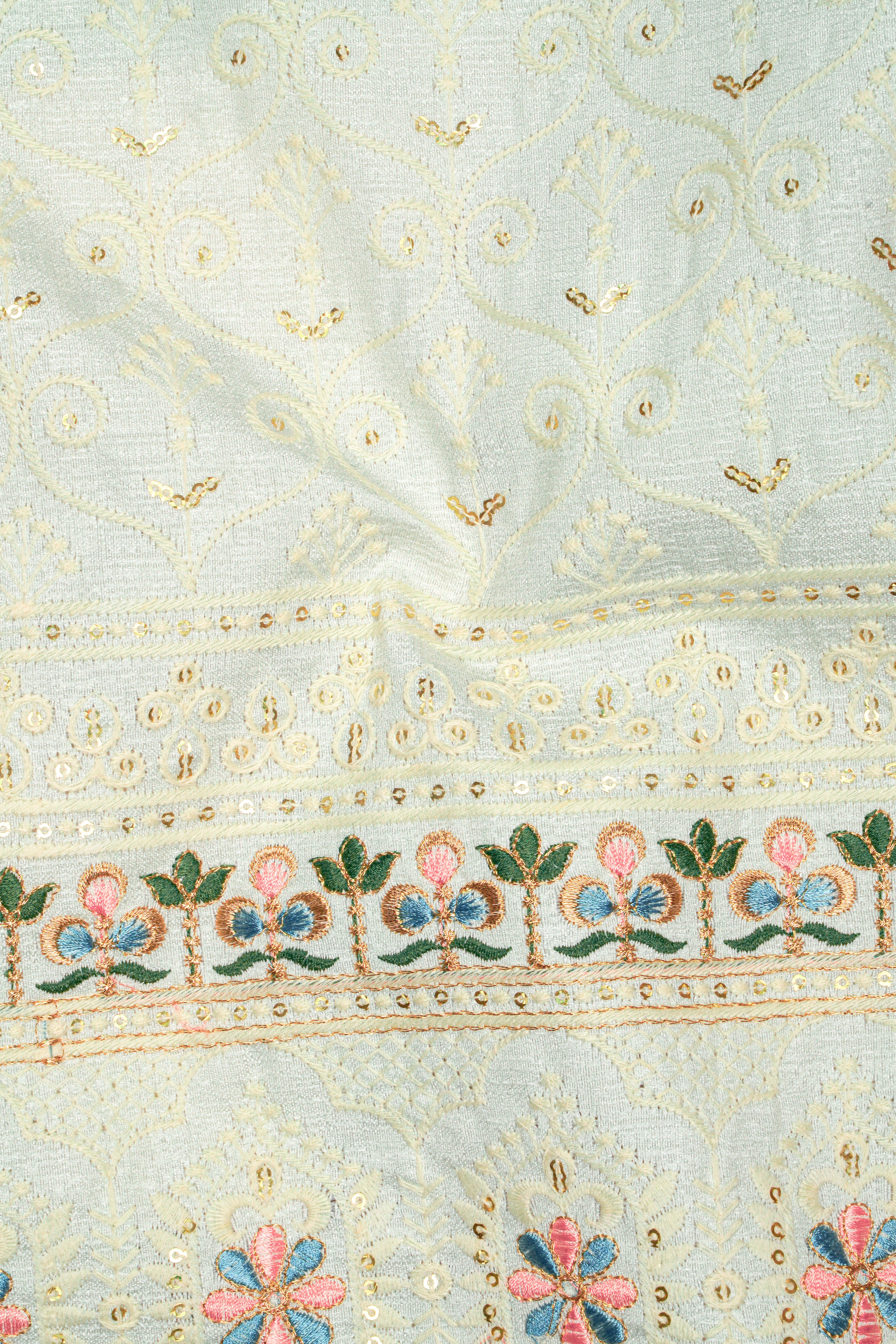 Auressa-merino Cream And Finch Green Multicolour Thread and Sequin Embroidered Designer Stretchable Waistband Pant