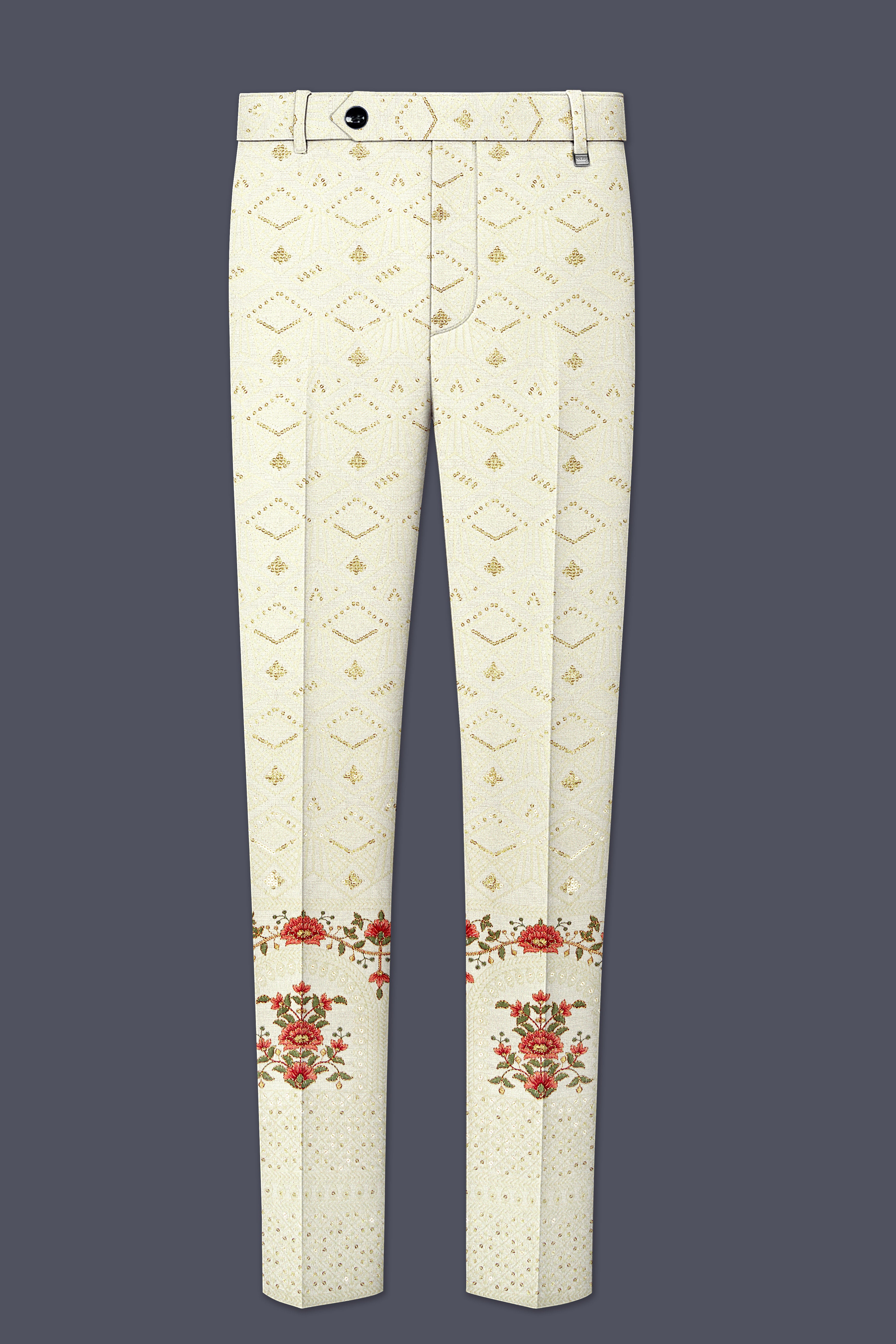 Ivrosa-Porcelain Cream and Apricot Peach Multicolour Thread and Sequin Embroidered Designer Stretchable Waistband Pant