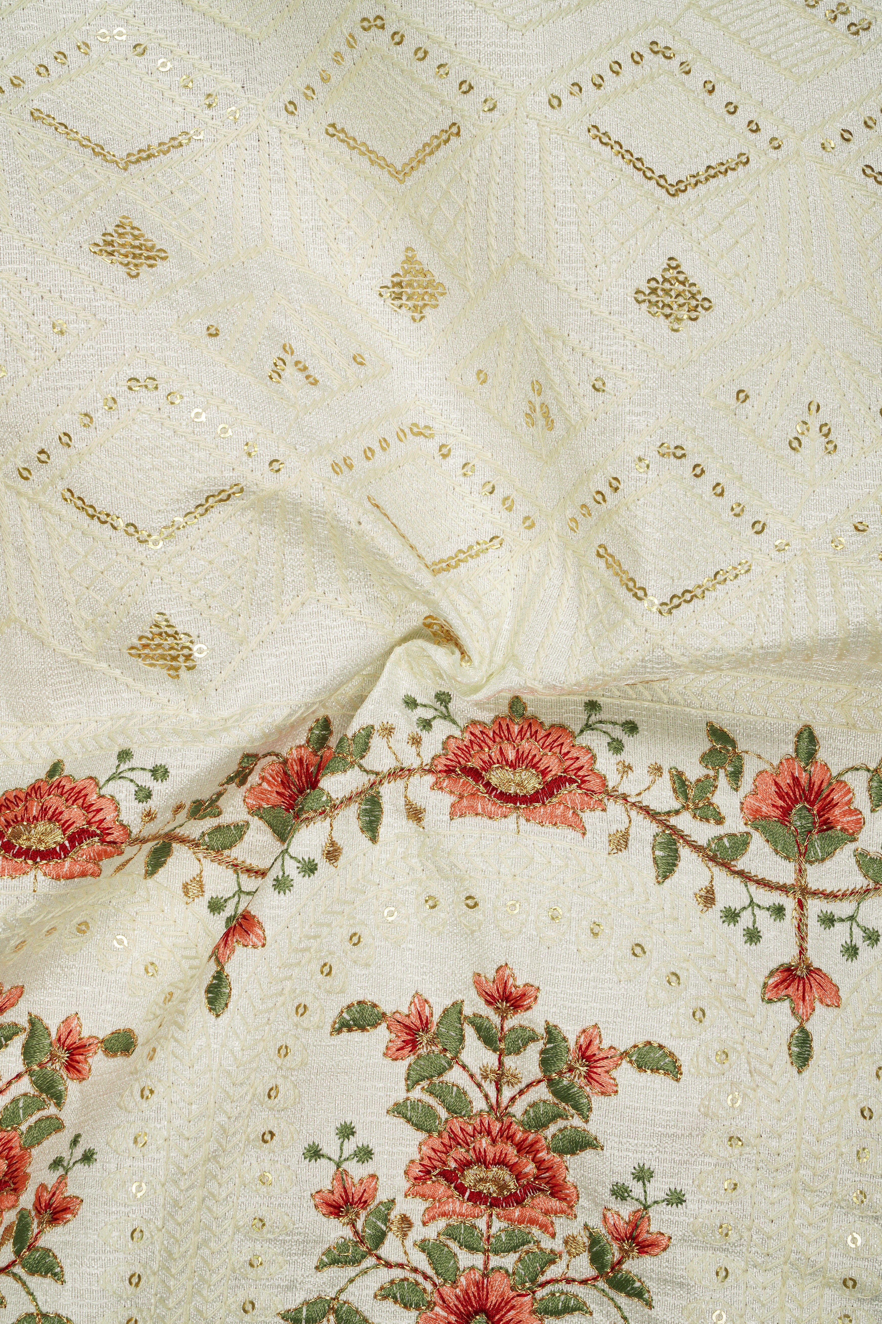 Ivrosa-Porcelain Cream and Apricot Peach Multicolour Thread and Sequin Embroidered Designer Stretchable Waistband Pant