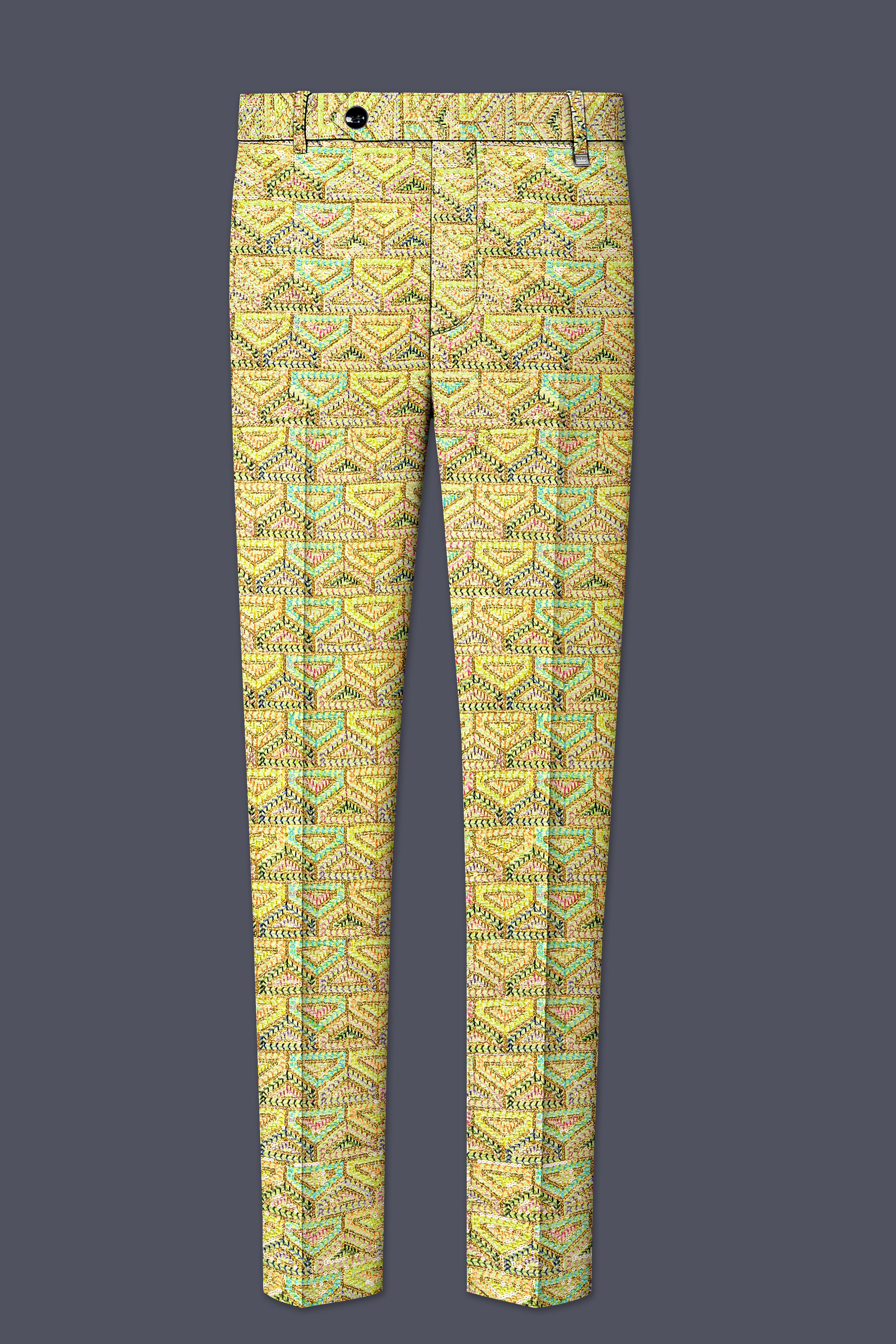 Flavora-Tacha Yellow and Charm Pink Geometric Cotton Thread Embroidered Designer Stretchable Waistband Pant