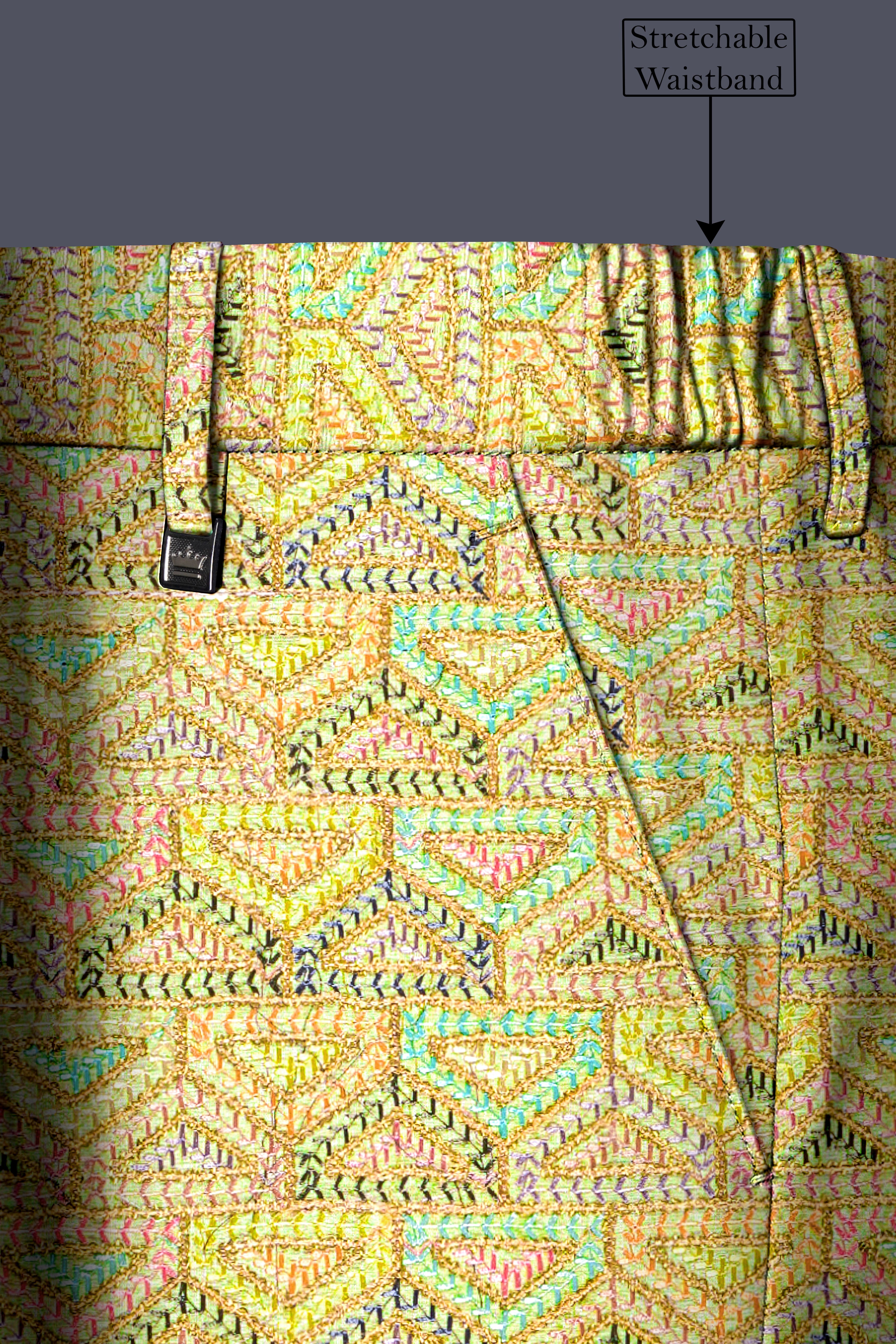 Flavora-Tacha Yellow and Charm Pink Geometric Cotton Thread Embroidered Designer Stretchable Waistband Pant