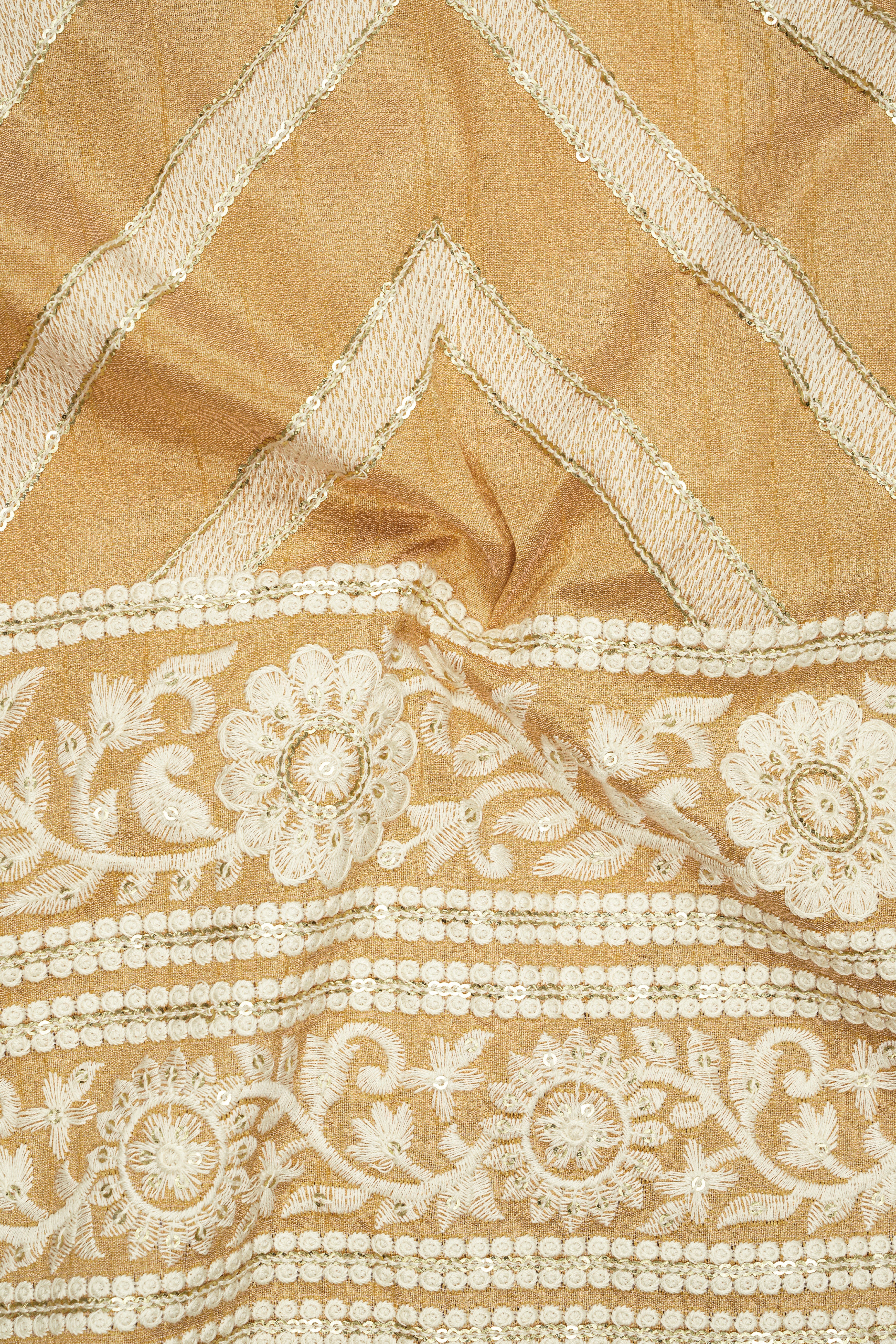 Zigvara-Antique Brown and Merino Cream Zig Zag Cotton Thread Embroidered Designer Stretchable Waistband Pant