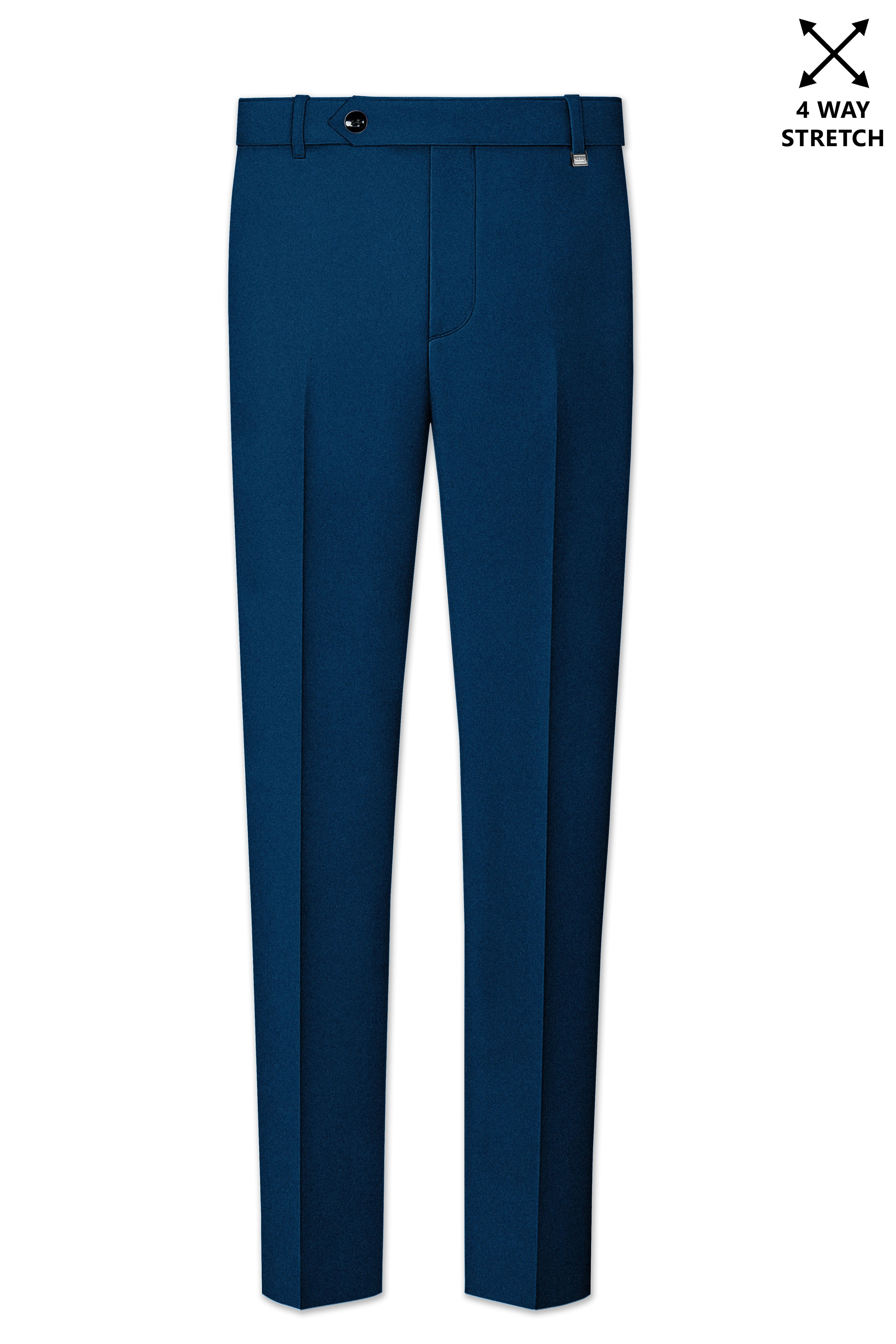 Aureblu-Korean Prussian Blue 4-Way Stretch Wrinkle-Free Wool Rich Stretchable Waistband Pant
