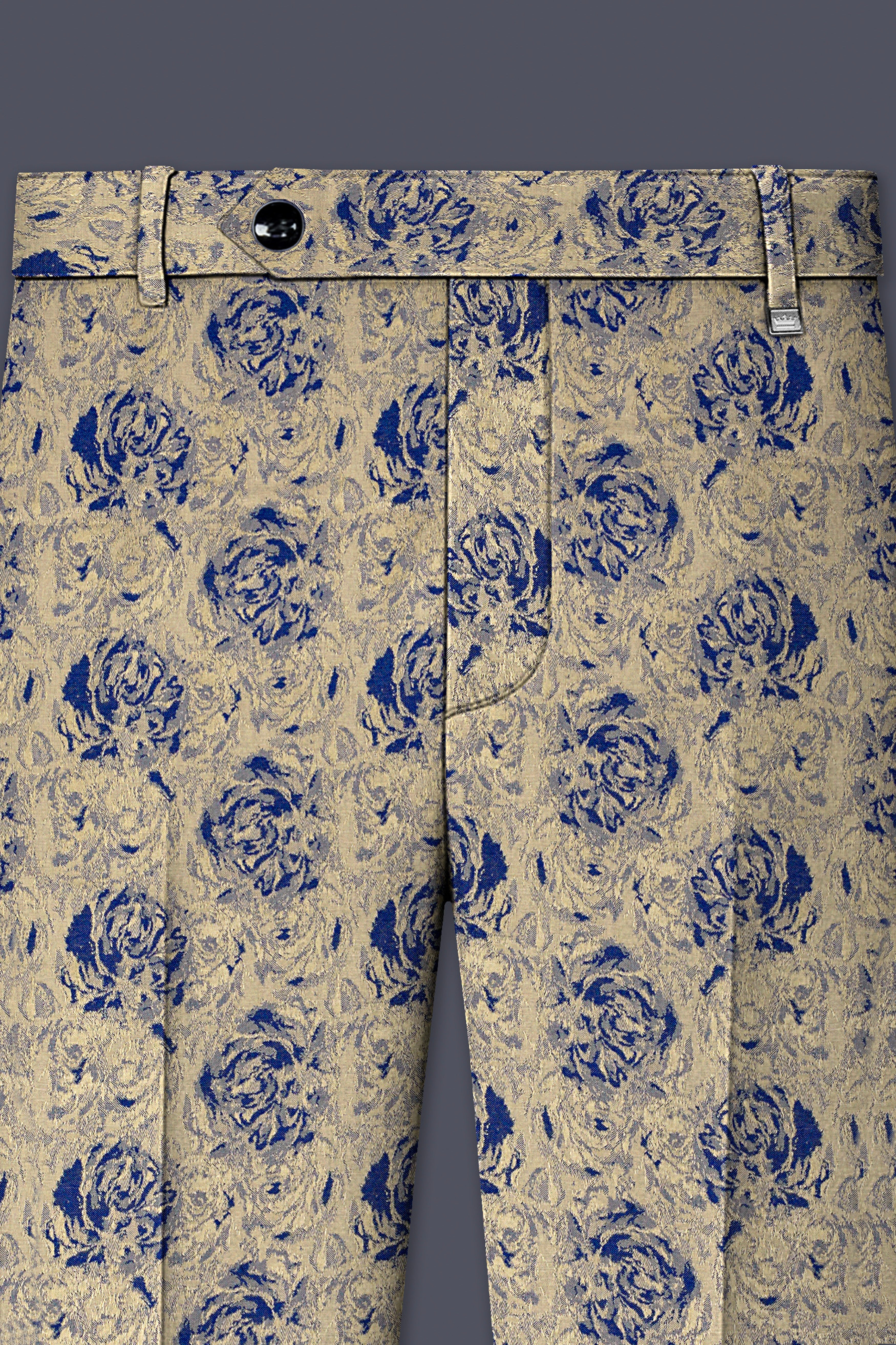 Jacqoro-Gravel Blue and Golden Jacquard Textured Stretchable Waistband Pant