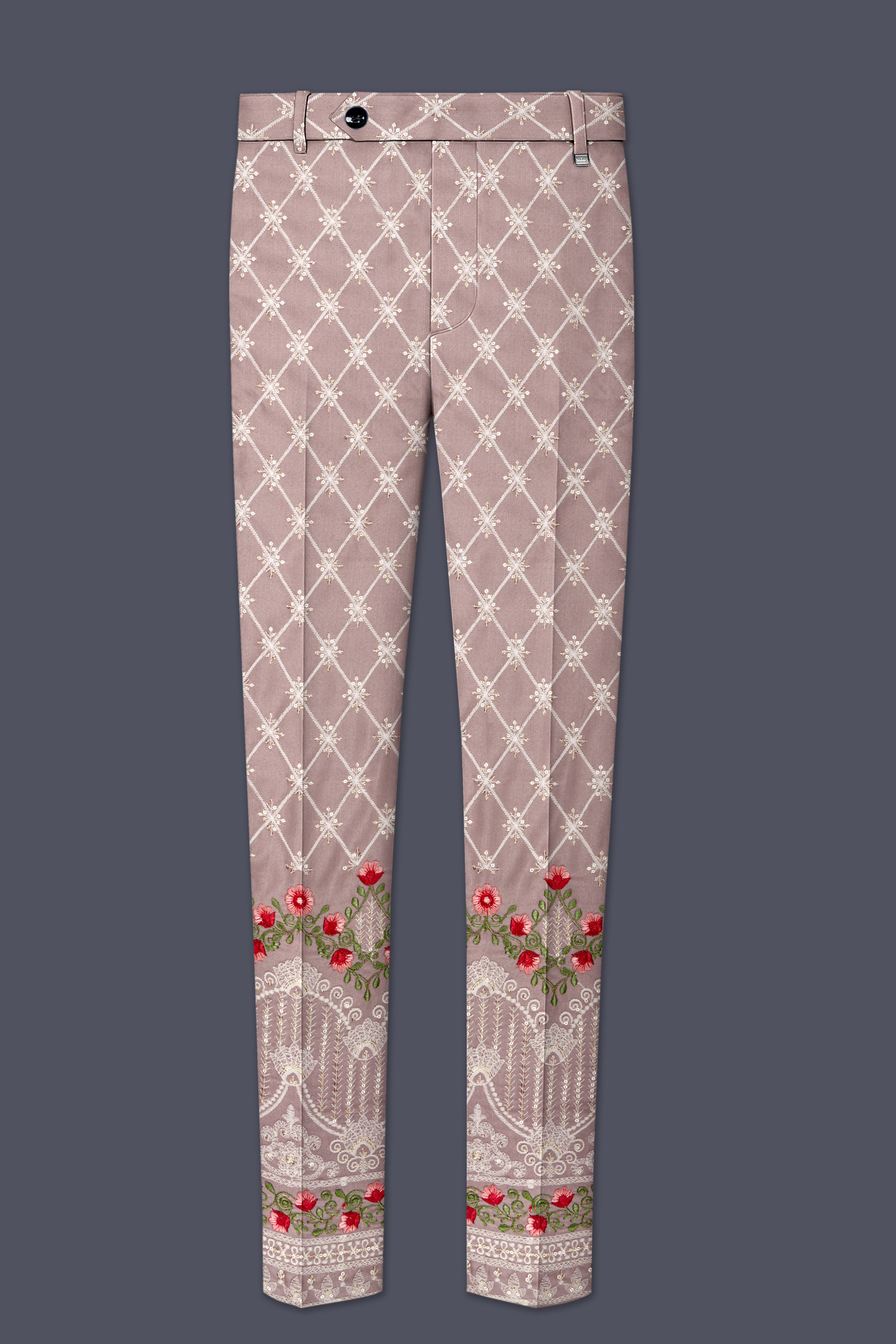 Luminza-Martini Cream Merlot Red Multicolour Thread and Sequin Embroidered Designer Stretchable Waistband Pant
