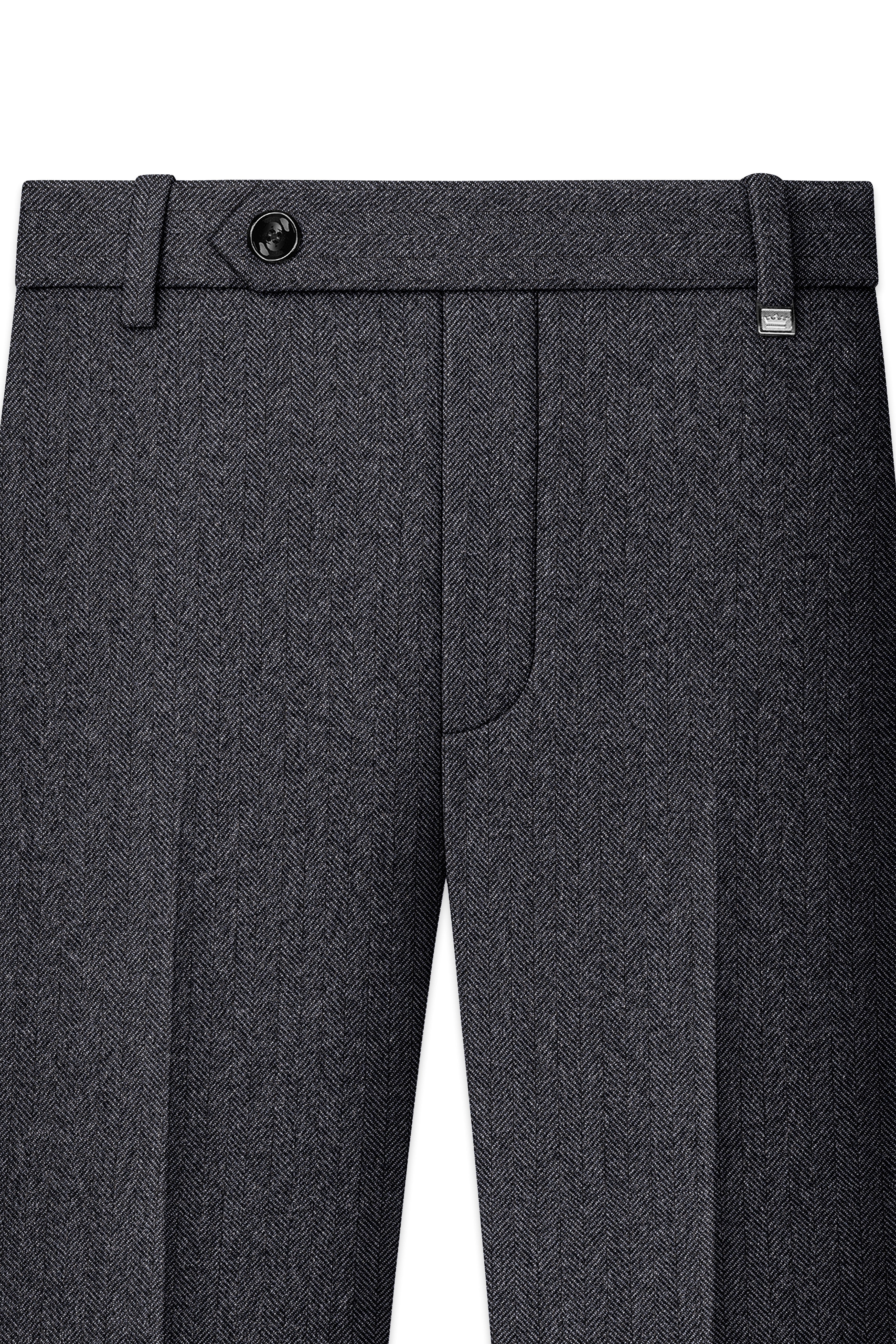 Silvoro-Iridium Gray Herringbone Textured Tweed Stretchable Waistband Pant