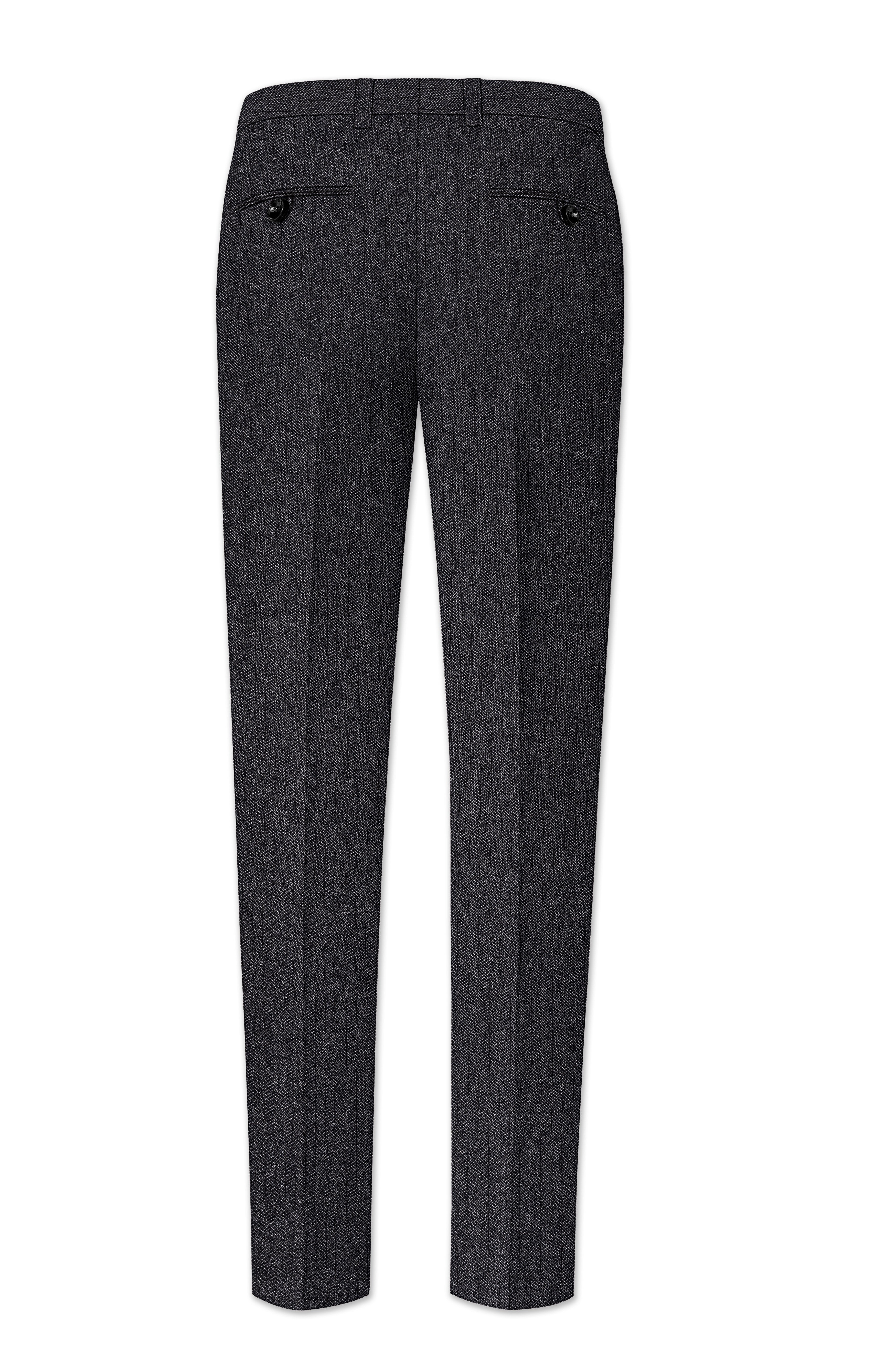 Imperion-Charcoal Gray Herringbone Textured Tweed Stretchable Waistband Pant