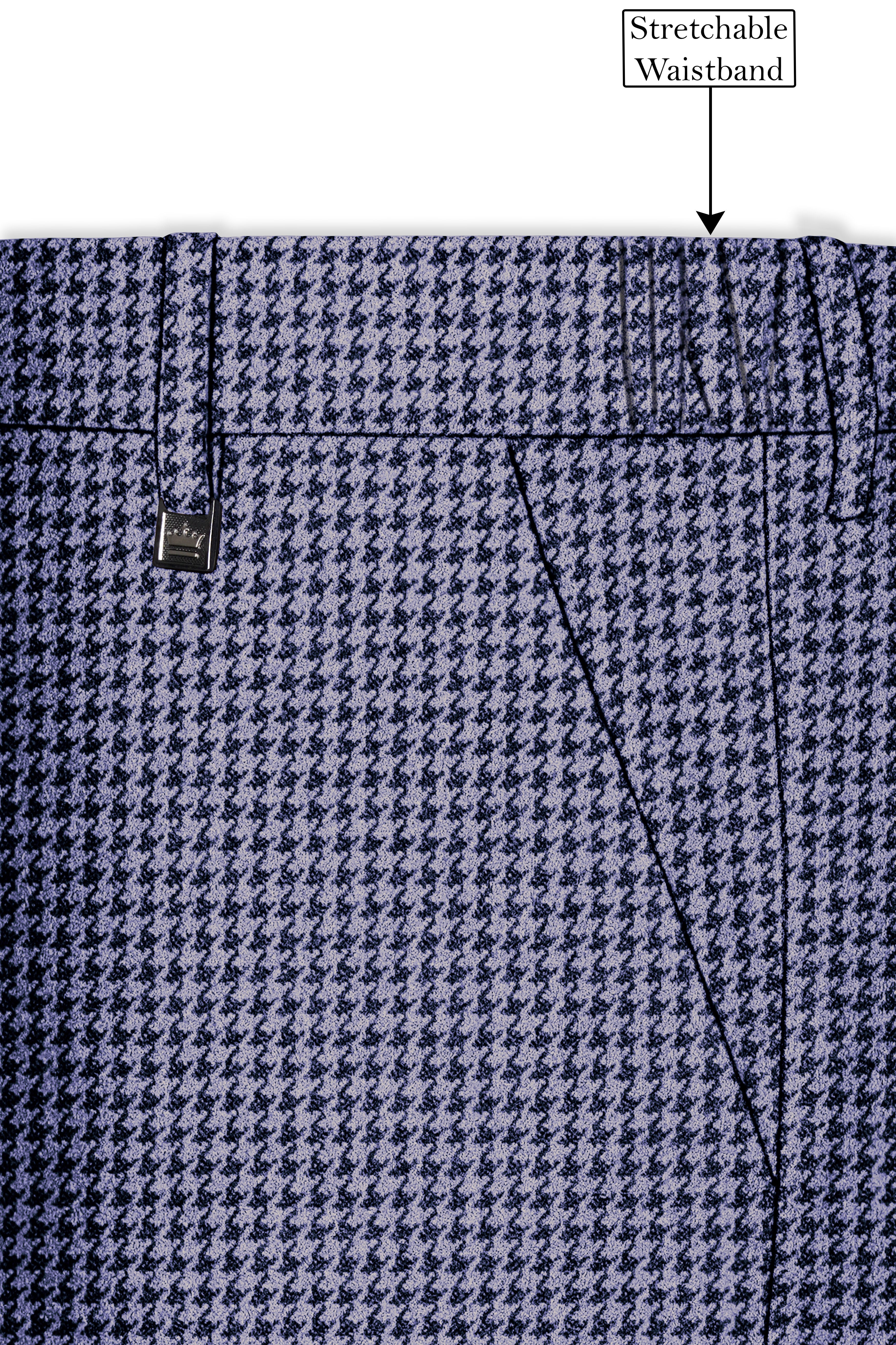 Dusk-Mulled Blue Classic Houndstooth Textured Tweed Stretchable Waistband Pant