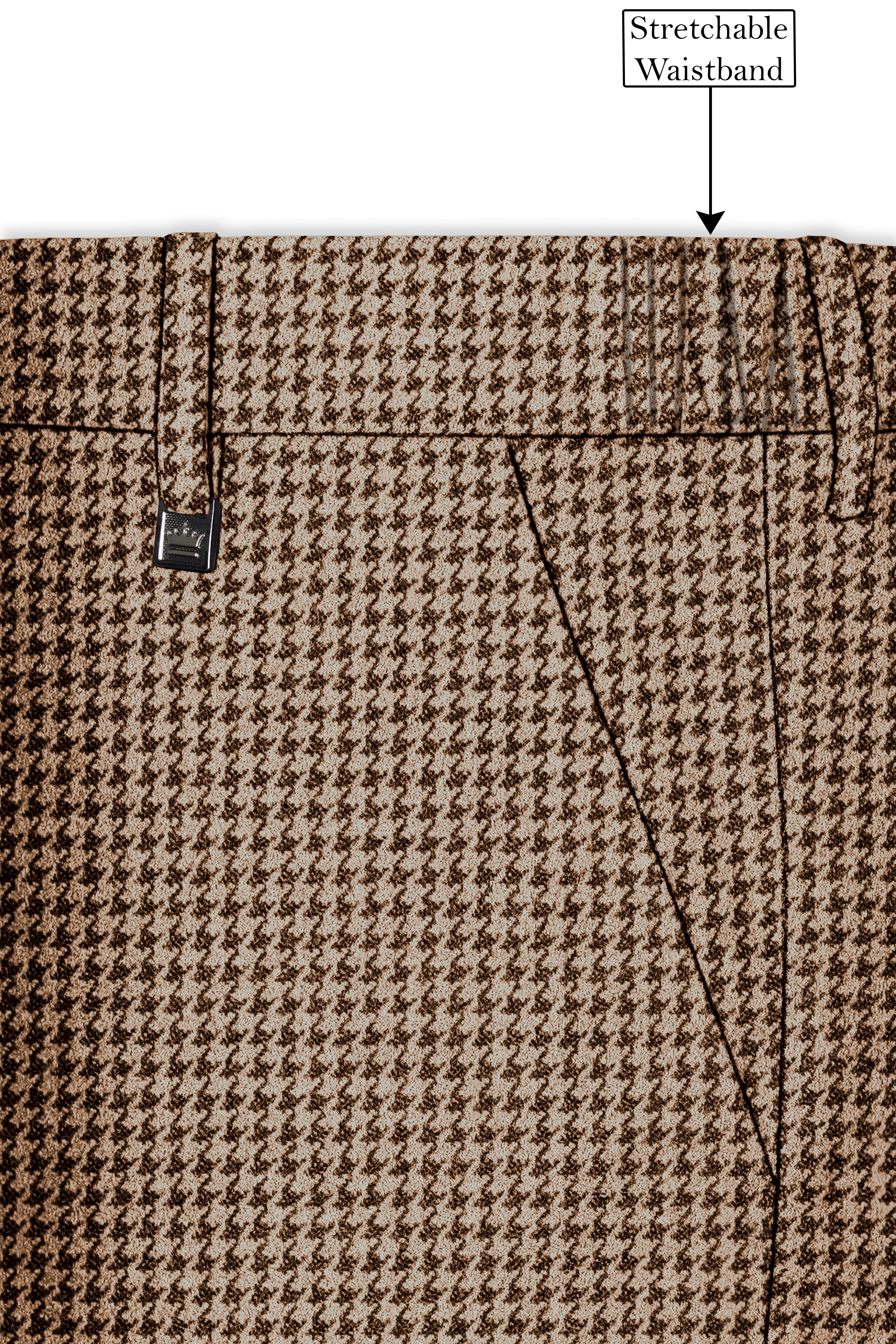 Scholar-Mocha Brown Classic Houndstooth Textured Tweed Stretchable Waistband Pant