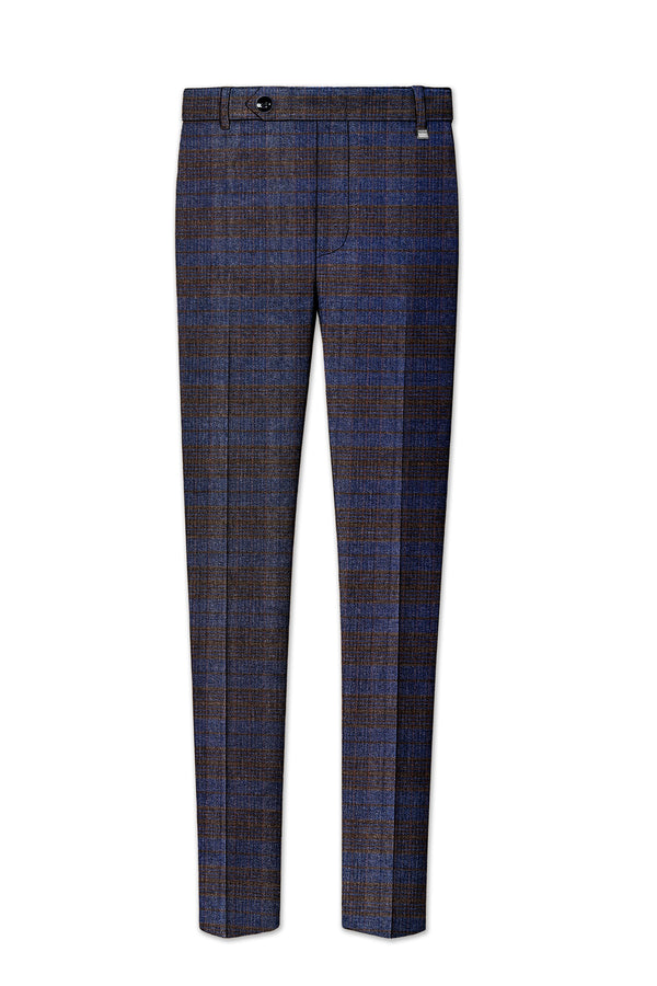 Velourish-Tealish Blue And Tuatara Gray Glen Plaid Tweed Stretchable Waistband Pant