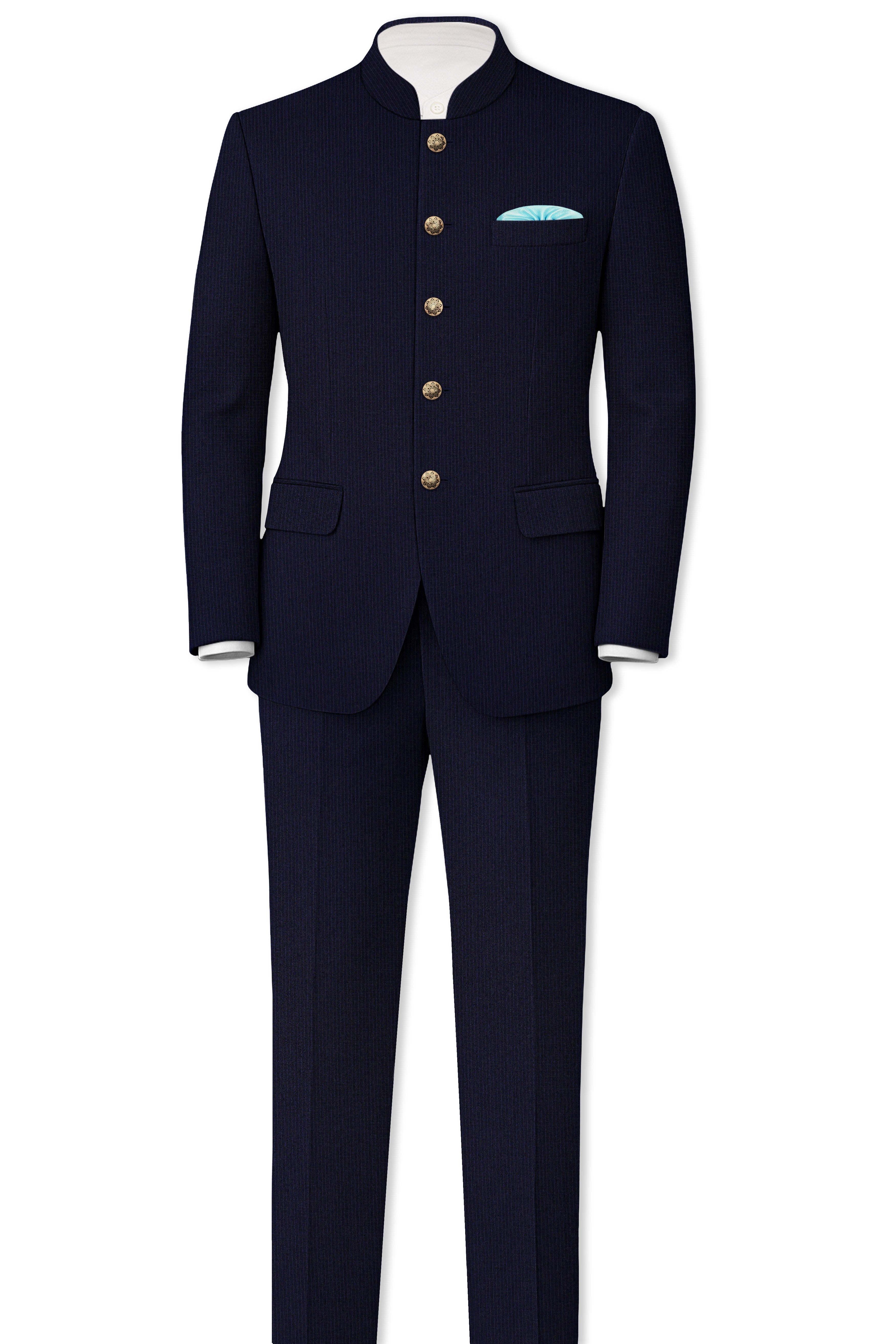 Elion-Bunker Blue Pencil Striped Wool Rich Slight Stretch Waistband Pant