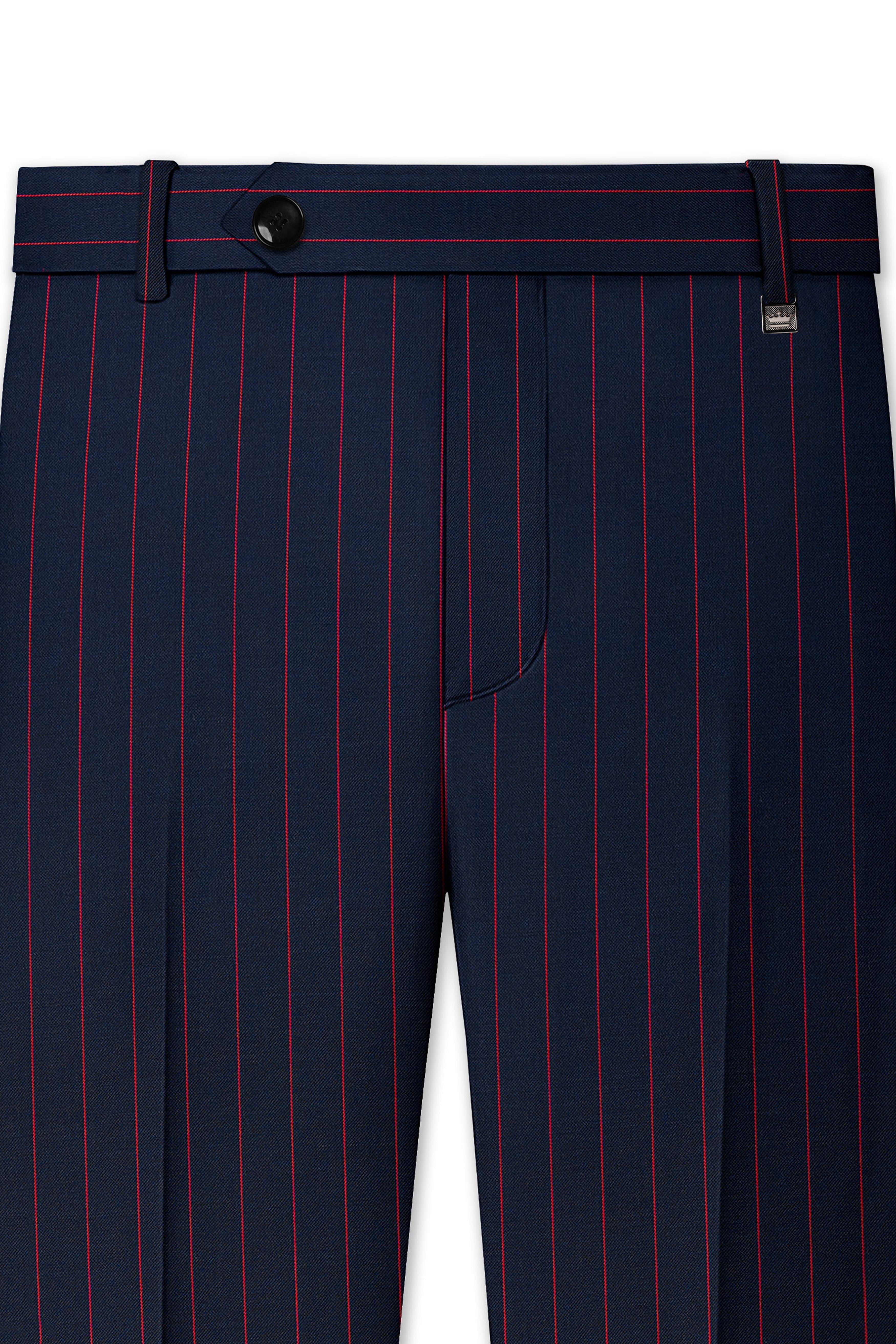Striata-Haiti Blue And Brick Pink Chalk Striped Wool Rich Slight Stretch Waistband Pant