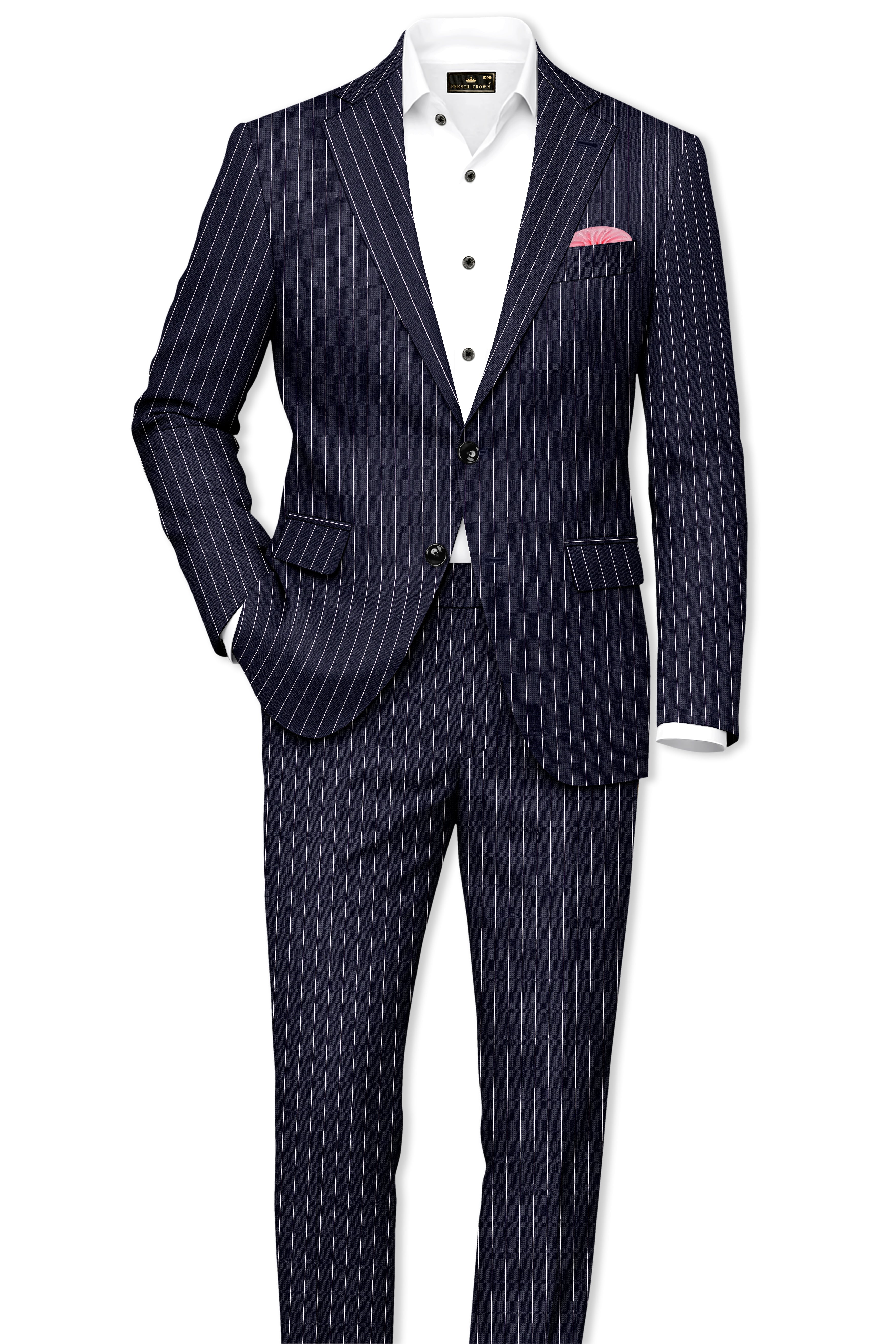 Regent-Ebony Blue And Bright White Chalk Striped Wool Rich Slight Stretch Waistband Pant