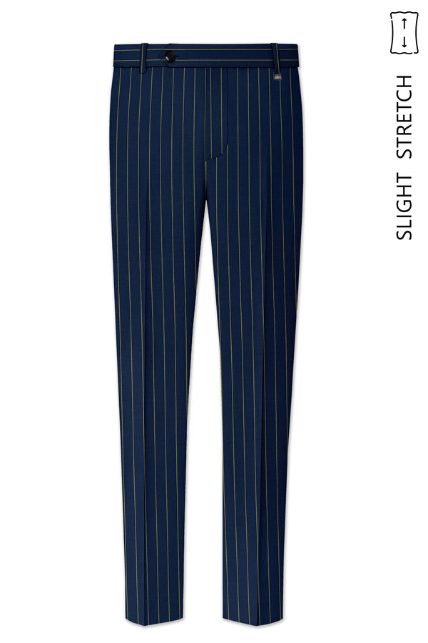 Aurum-Midnight Blue And Harvest Yellow Chalk Striped Wool Rich Slight Stretch Waistband Pant