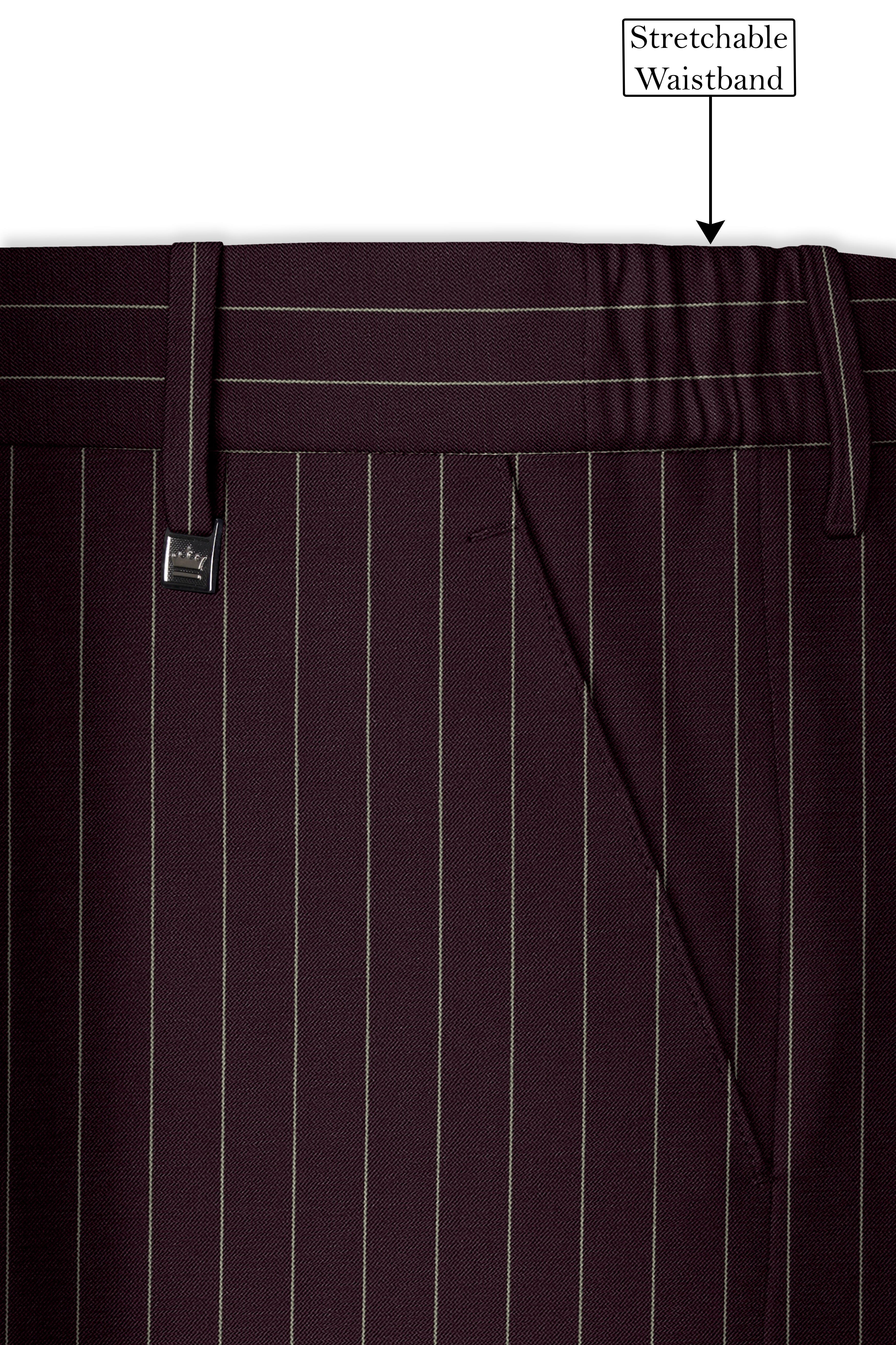 Valiant-Seal Maroon And Bright White Chalk Striped Wool Rich Slight Stretch Waistband Pant