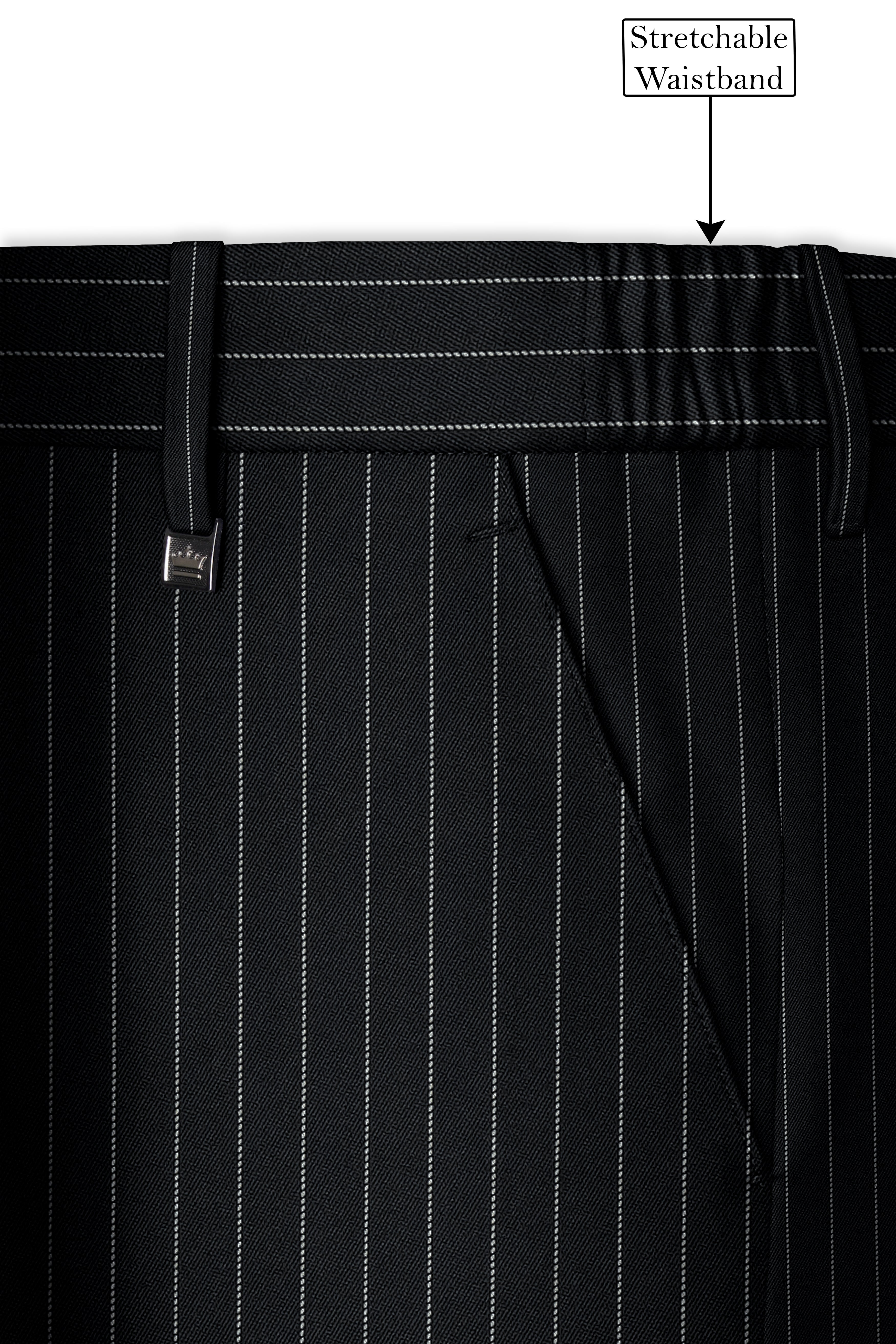 Strivon-Jade Black And Bright White Chalk Striped Wool Rich Slight Stretch Waistband Pant