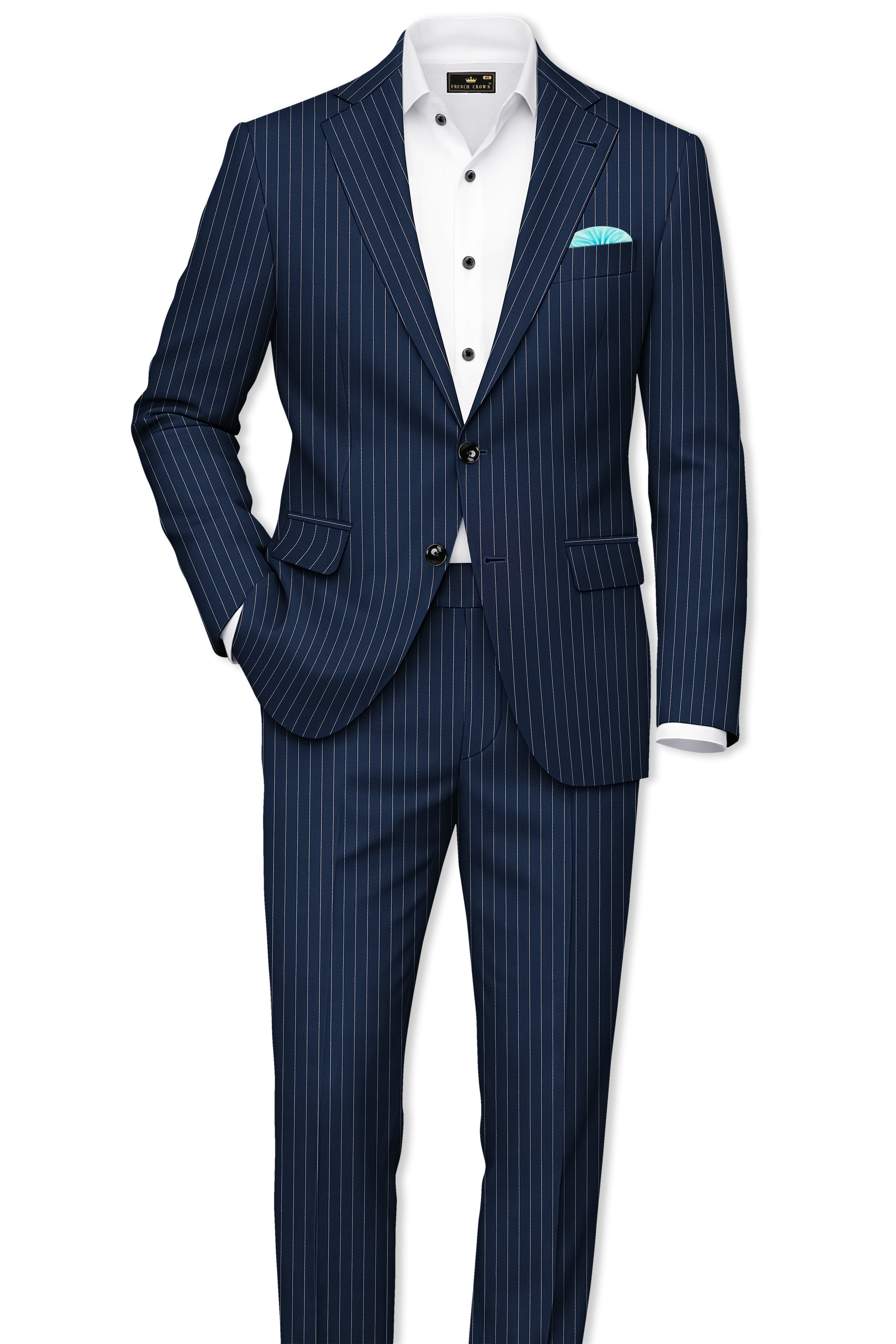 Veritus-Zodiac Blue And Bright White Chalk Striped Wool Rich Slight Stretch Waistband Pant