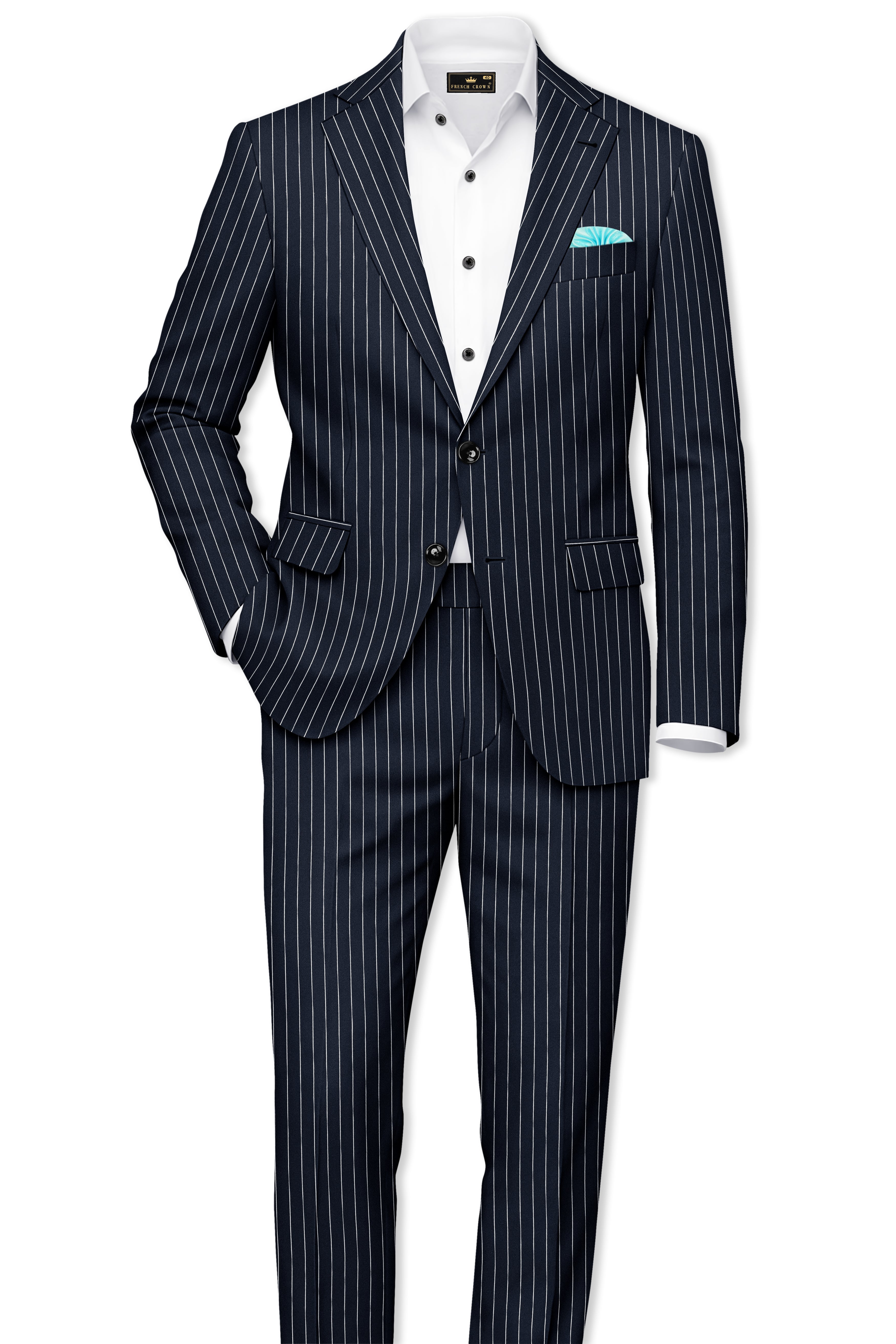 Echelon-Vulcan Blue Herringbone Striped Wool Rich Slight Stretch Waistband Pant