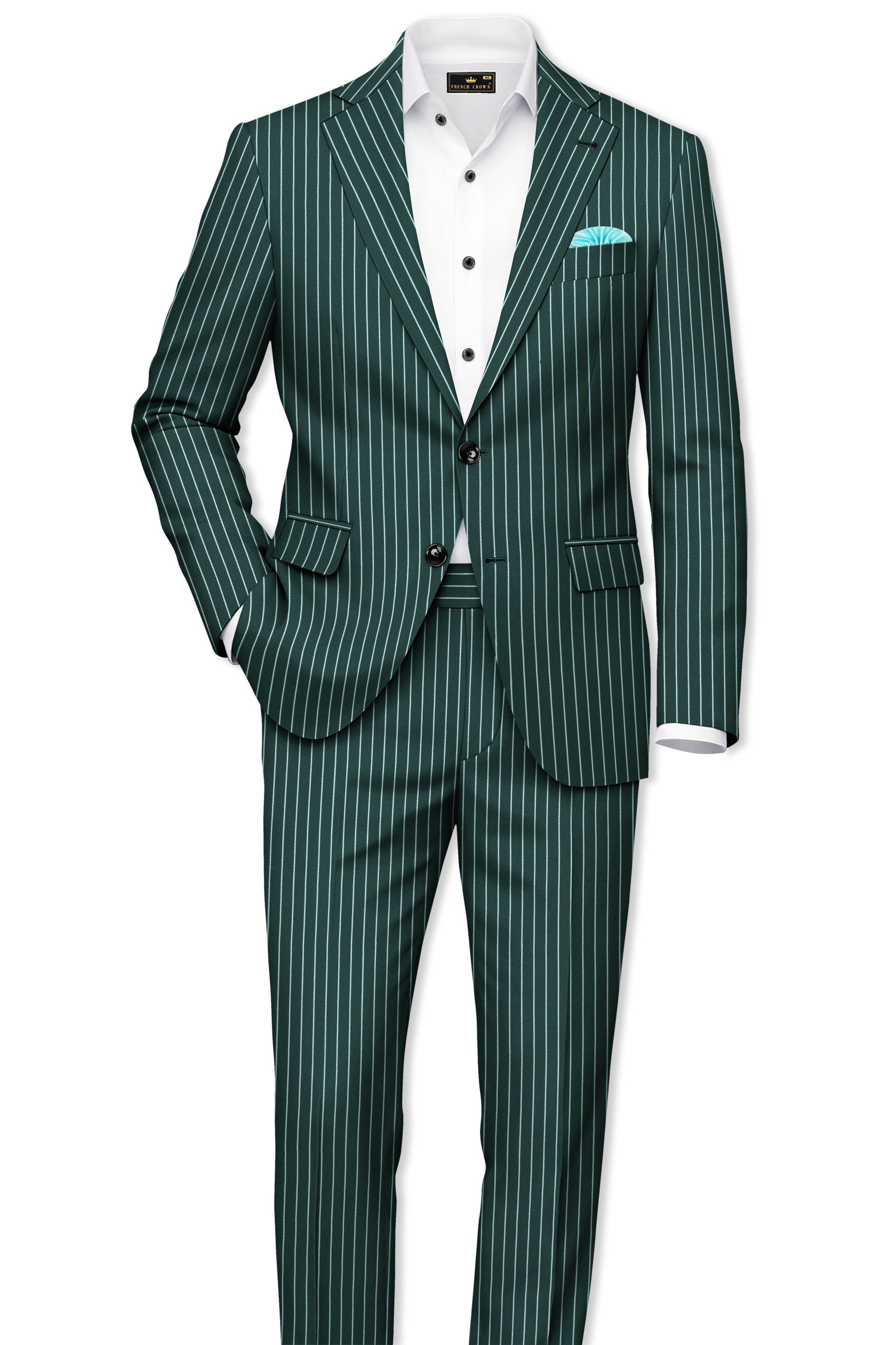 Forenza-Jungle Green And Bright White Chalk Striped Wool Rich Slight Stretch Waistband Pant