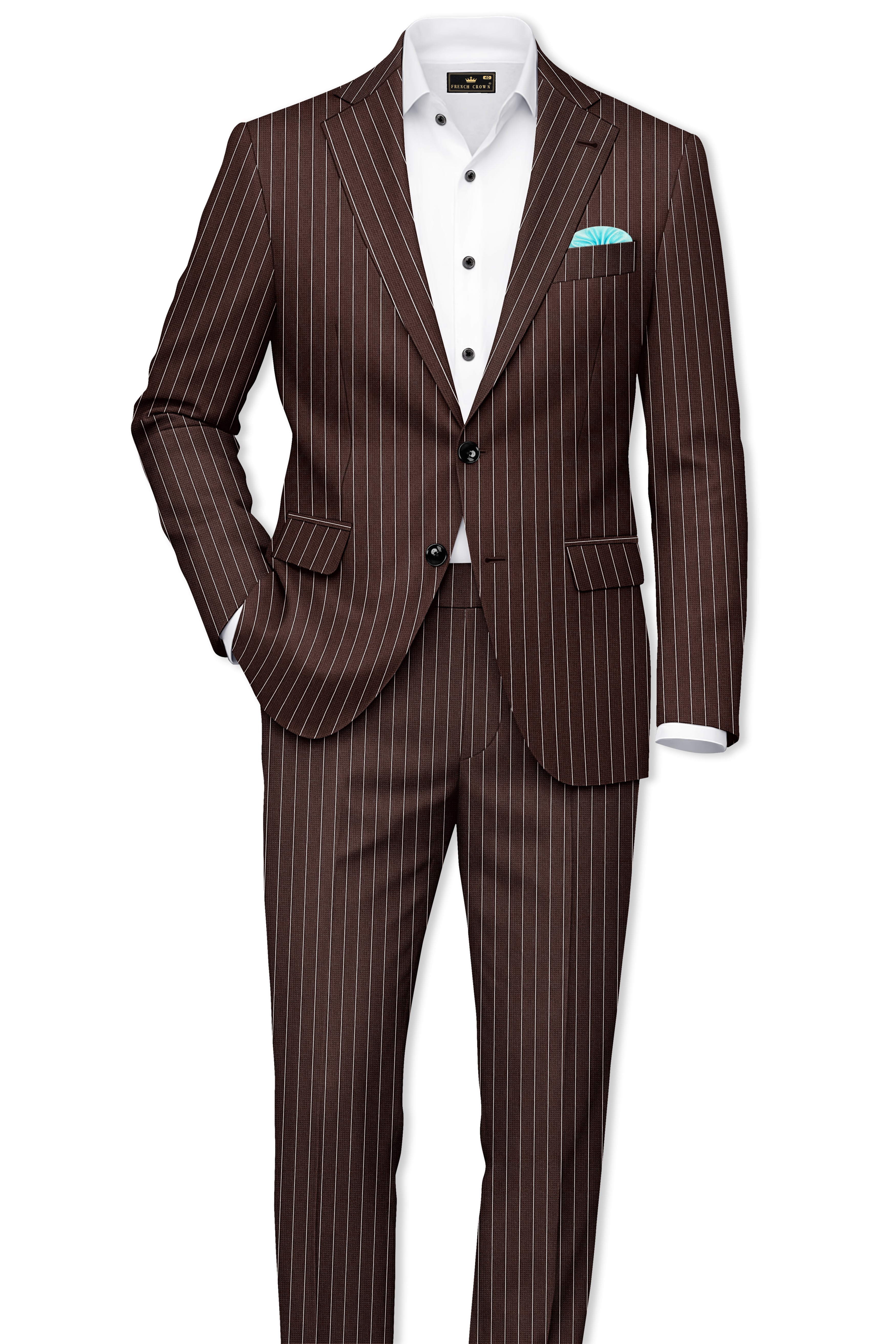Bristol-Bistre Brown And Bright White Chalk Striped Wool Rich Slight Stretch Waistband Pant