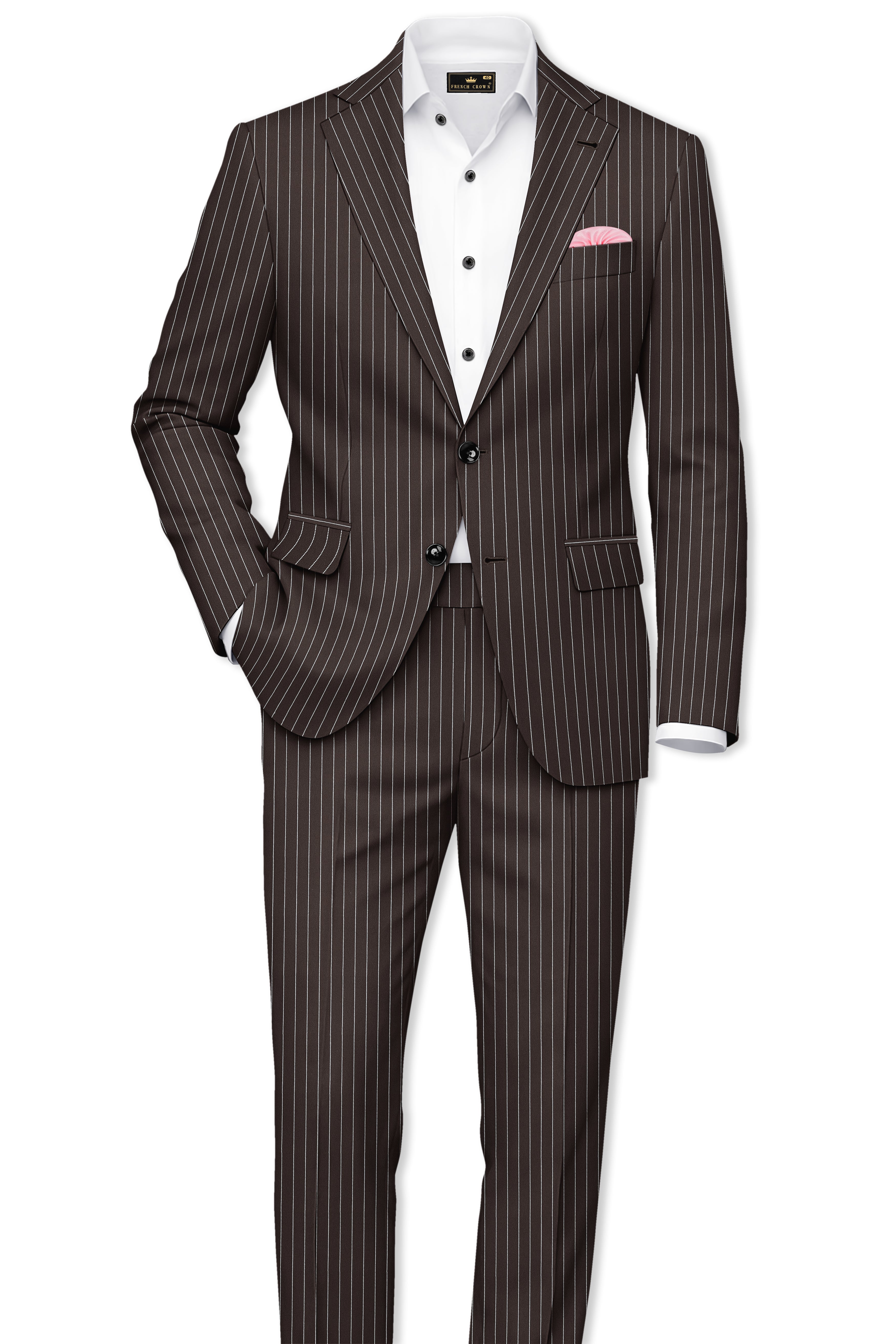 Sovereign-Umber Brown And Bright White Chalk Striped Wool Rich Slight Stretch Waistband Pant