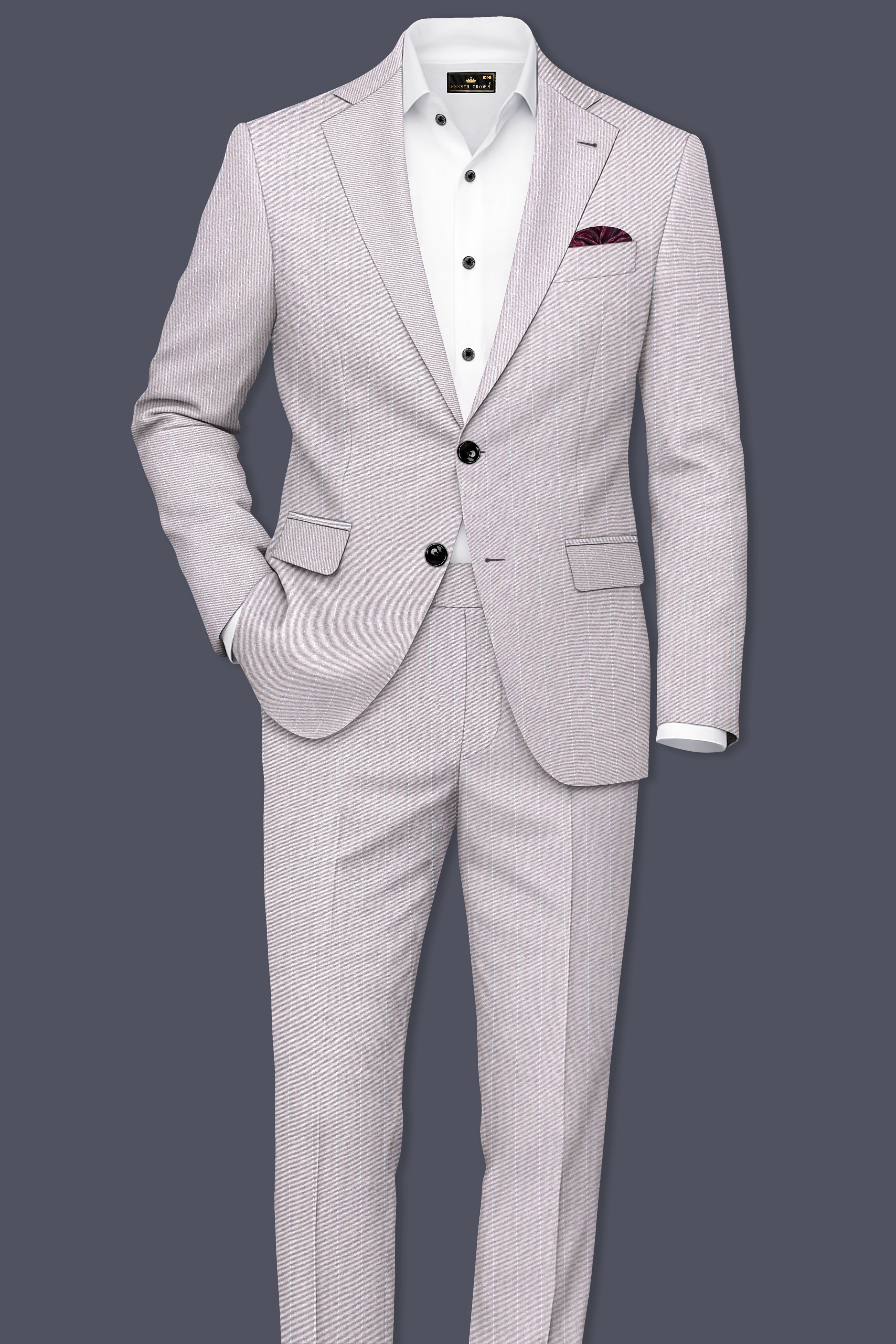 Roselle-Thistle Pink And Bright White Chalk Striped Wool Rich Slight Stretch Waistband Pant