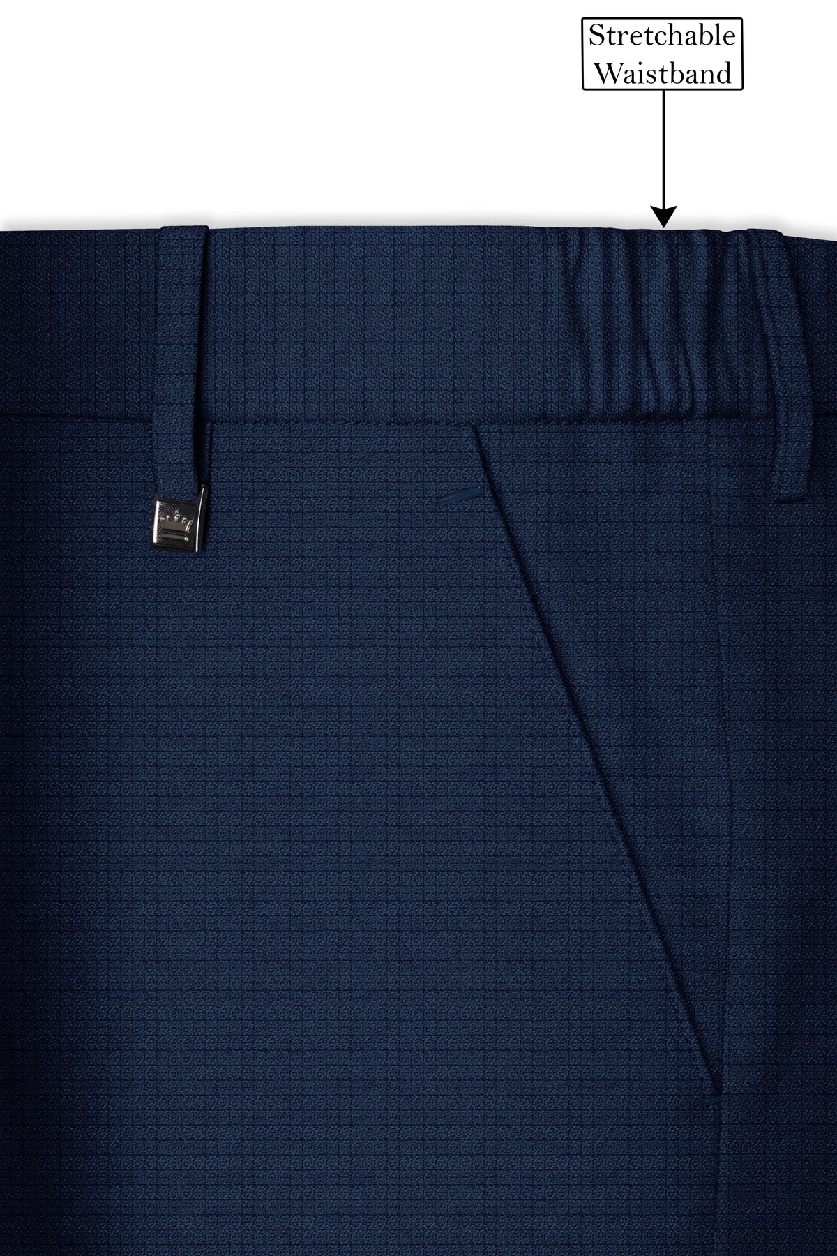 Regent-Ebony Blue Diamond Textured Wool Rich Slight Stretch Single Waistband Pant