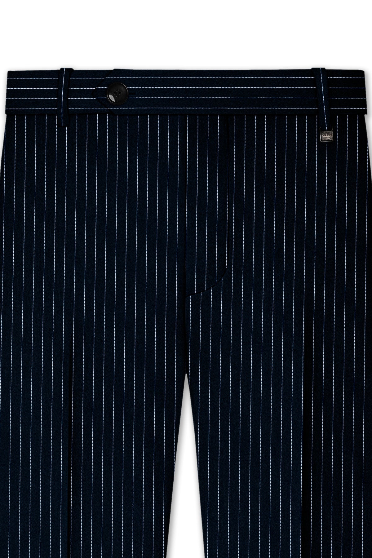 Zenith-Imperial Teal Green And Bright White Chalk Striped Wool Rich Wrinkle-Free Fluid Drape Fabric Stretchable Waistband Pant