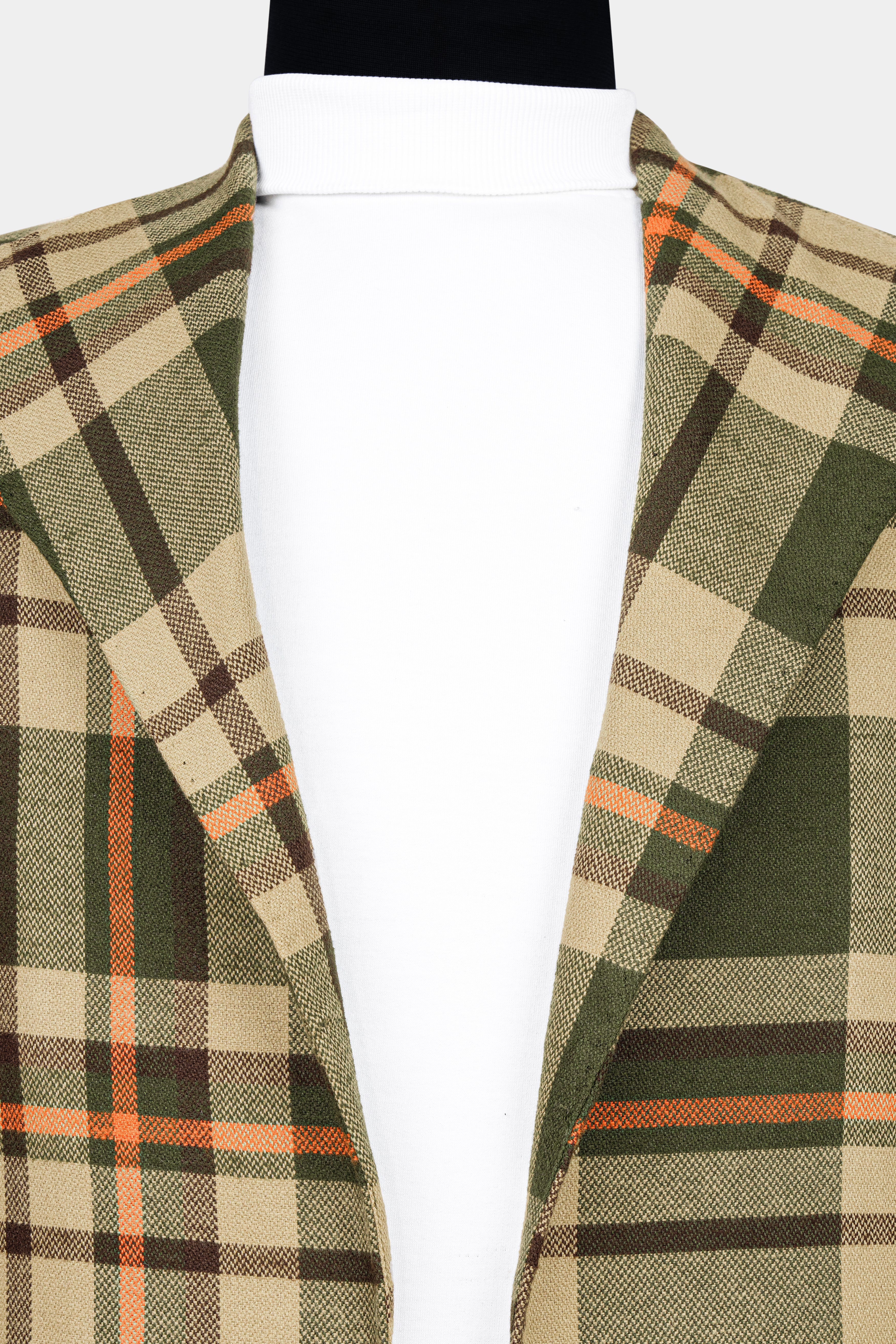 Taupe Green and Vanilla Brown Plaid Wool Rich Designer Trench Coat
