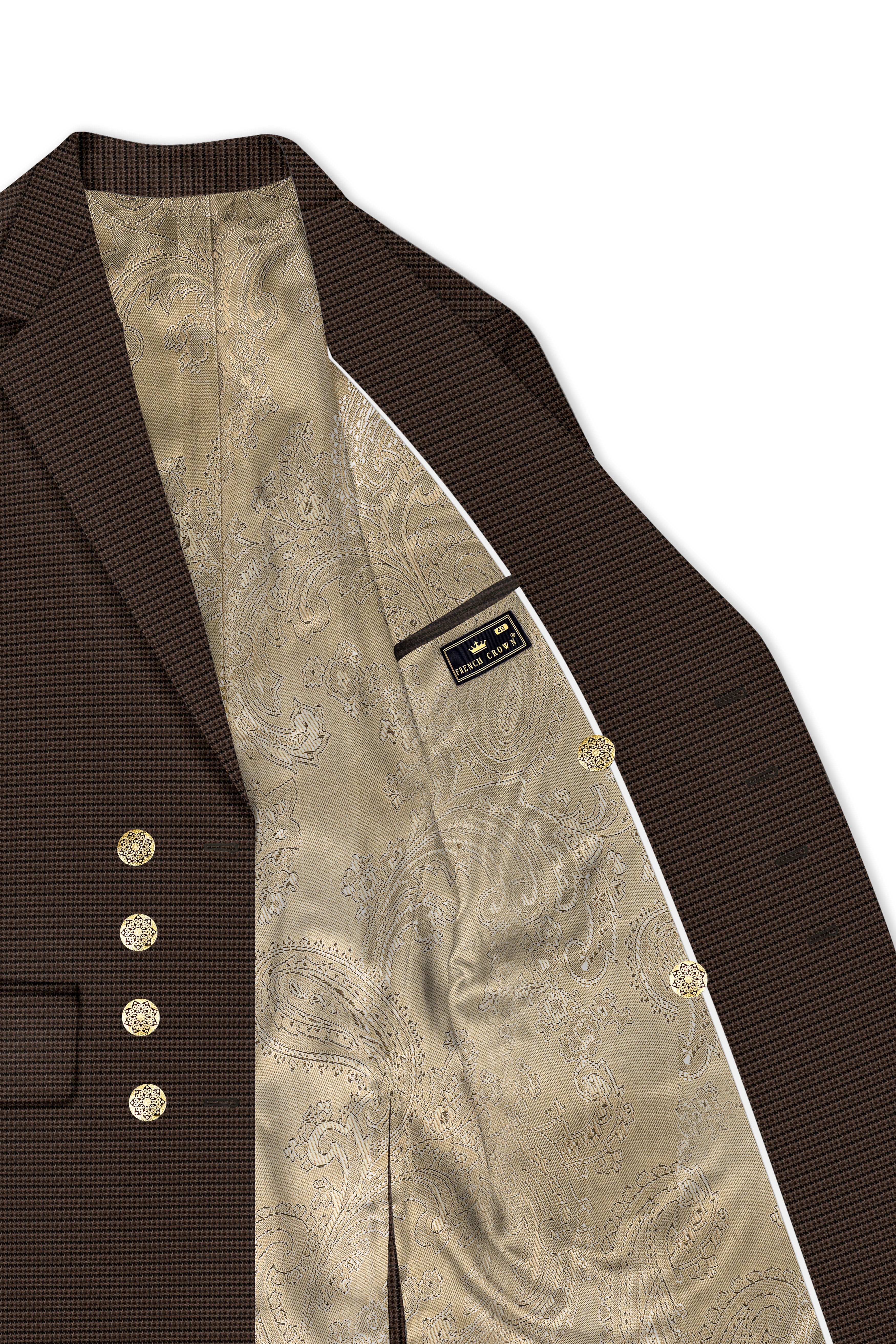 Brunwick-Cocoa Brown houndstooth Textured Wool Rich Single Breasted Trench Coat