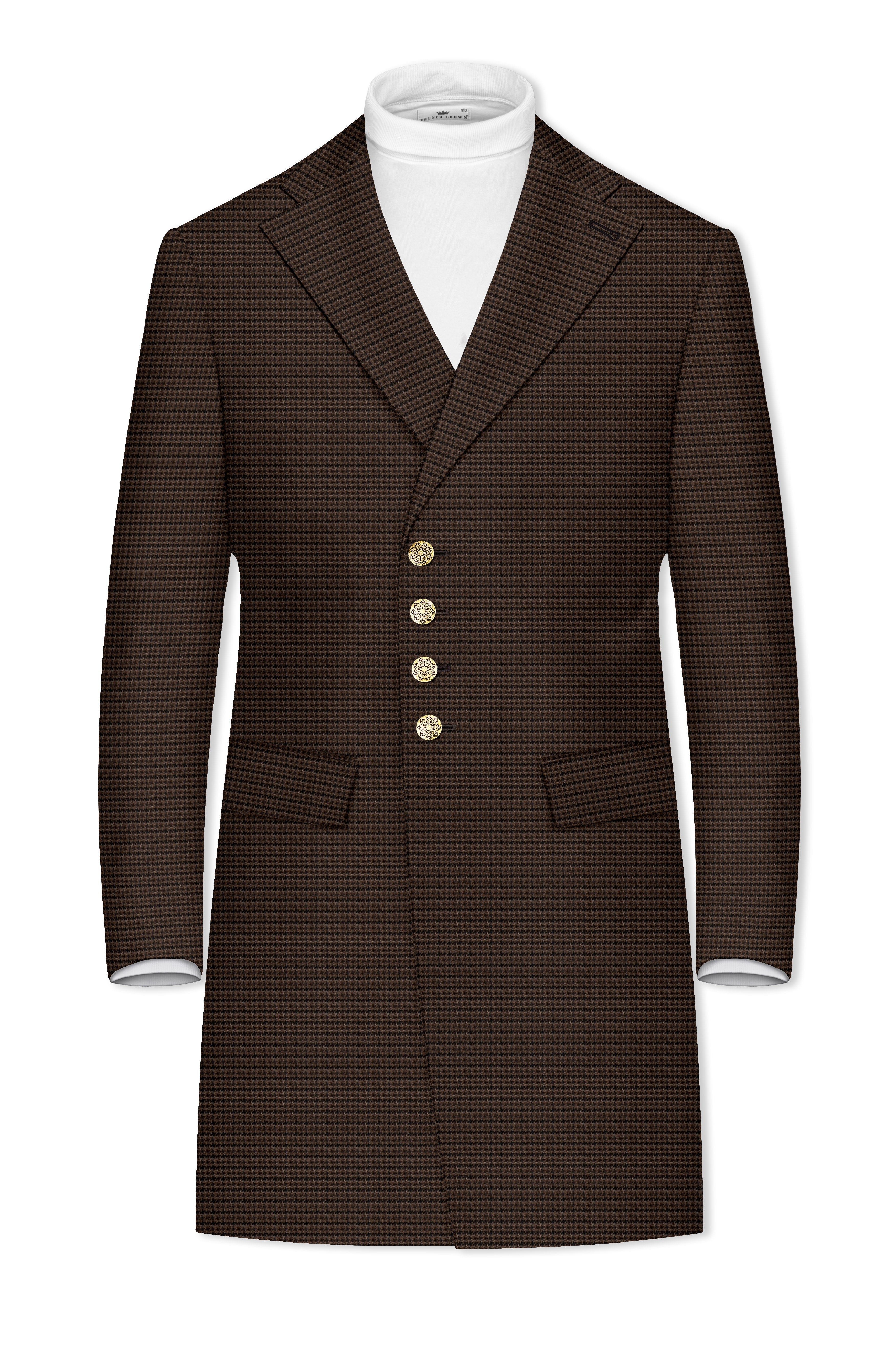 Brunwick-Cocoa Brown houndstooth Textured Wool Rich Single Breasted Trench Coat