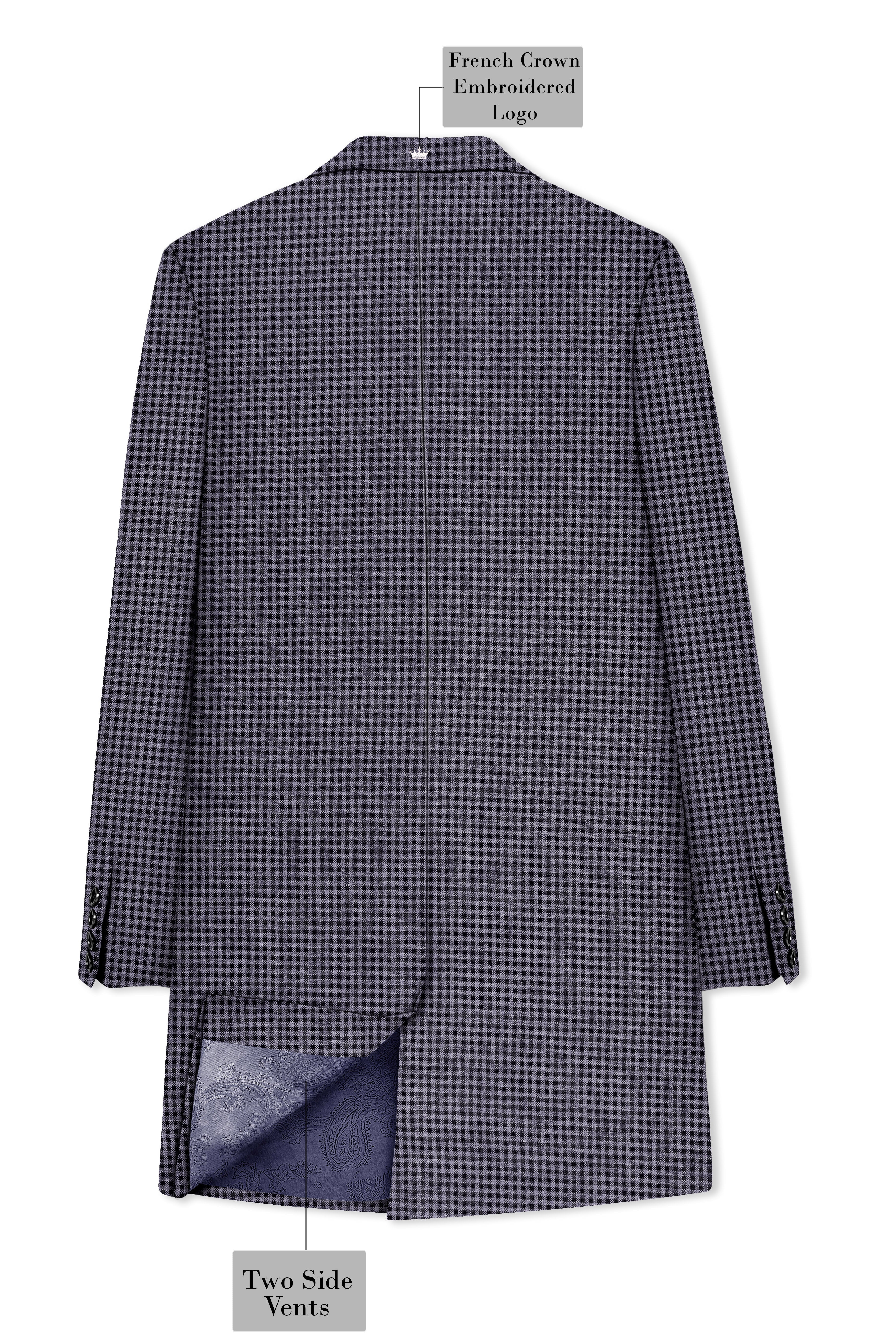 Zenith-Mirage Blue And venus Gray Gingham Plaid Tweed Single Breasted Trench Coat