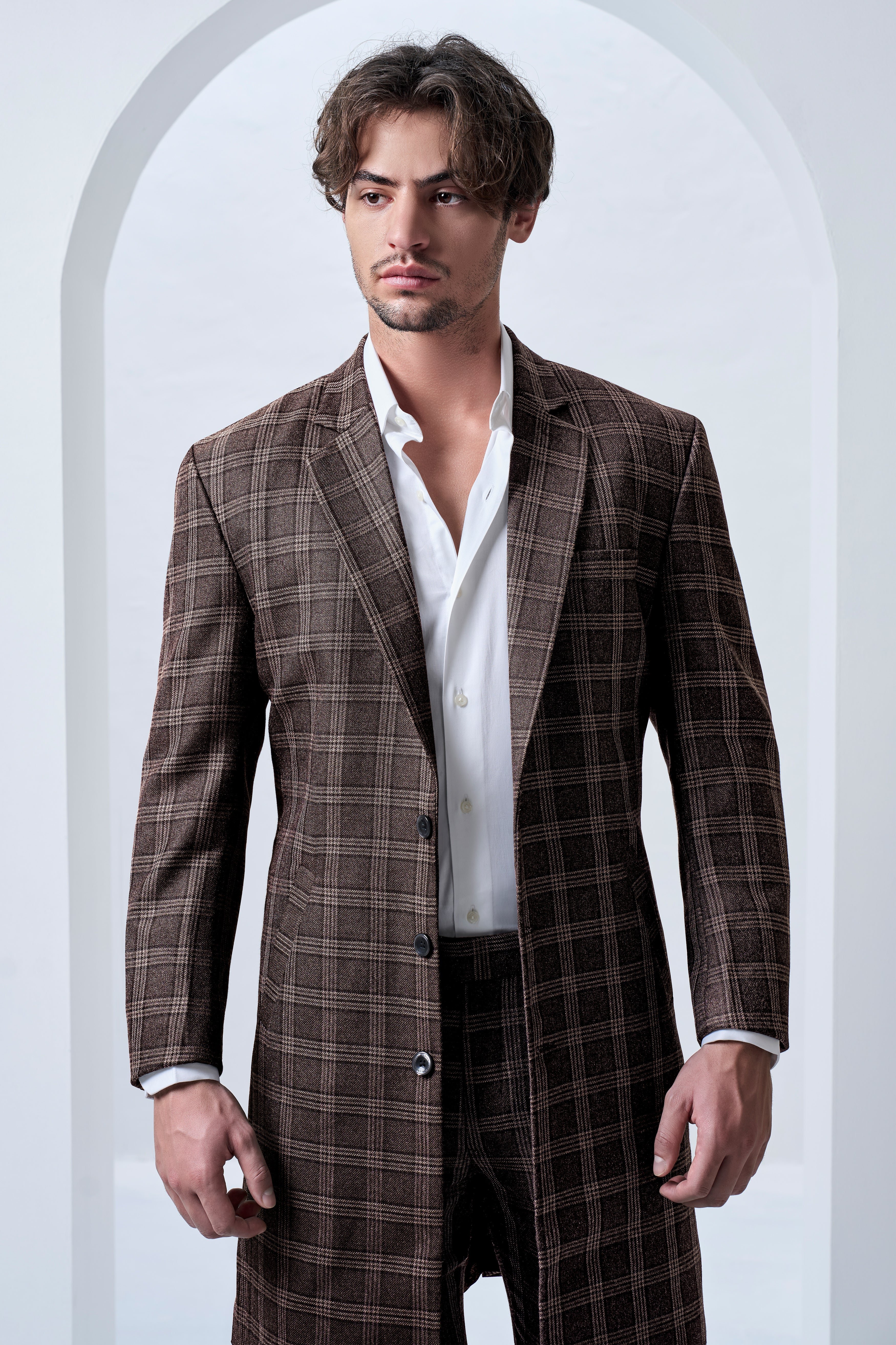 Eclenzo-Eclipse Brown Plaid Tweed Single Breasted Overcoat