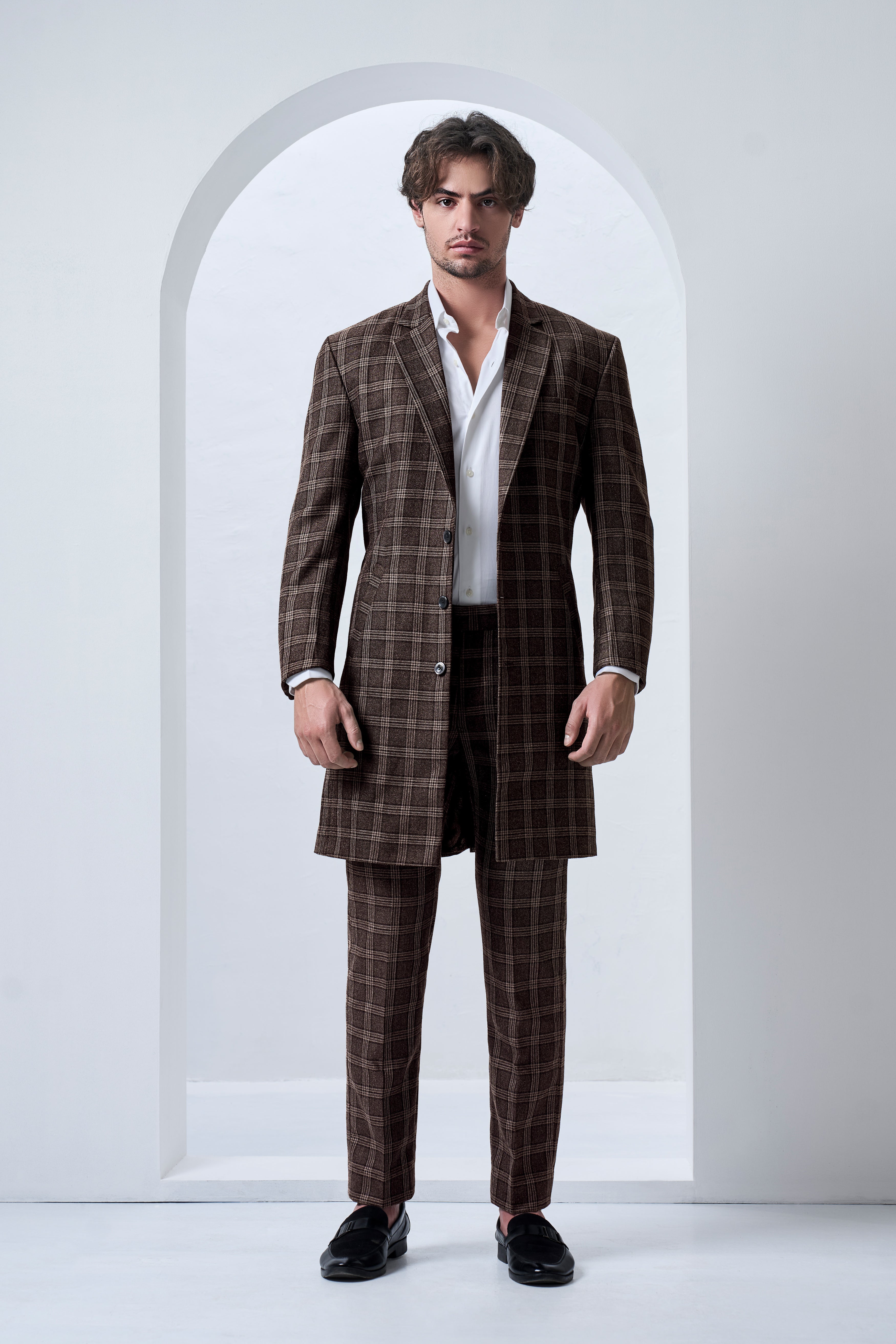 Eclenzo-Eclipse Brown Plaid Tweed Single Breasted Overcoat