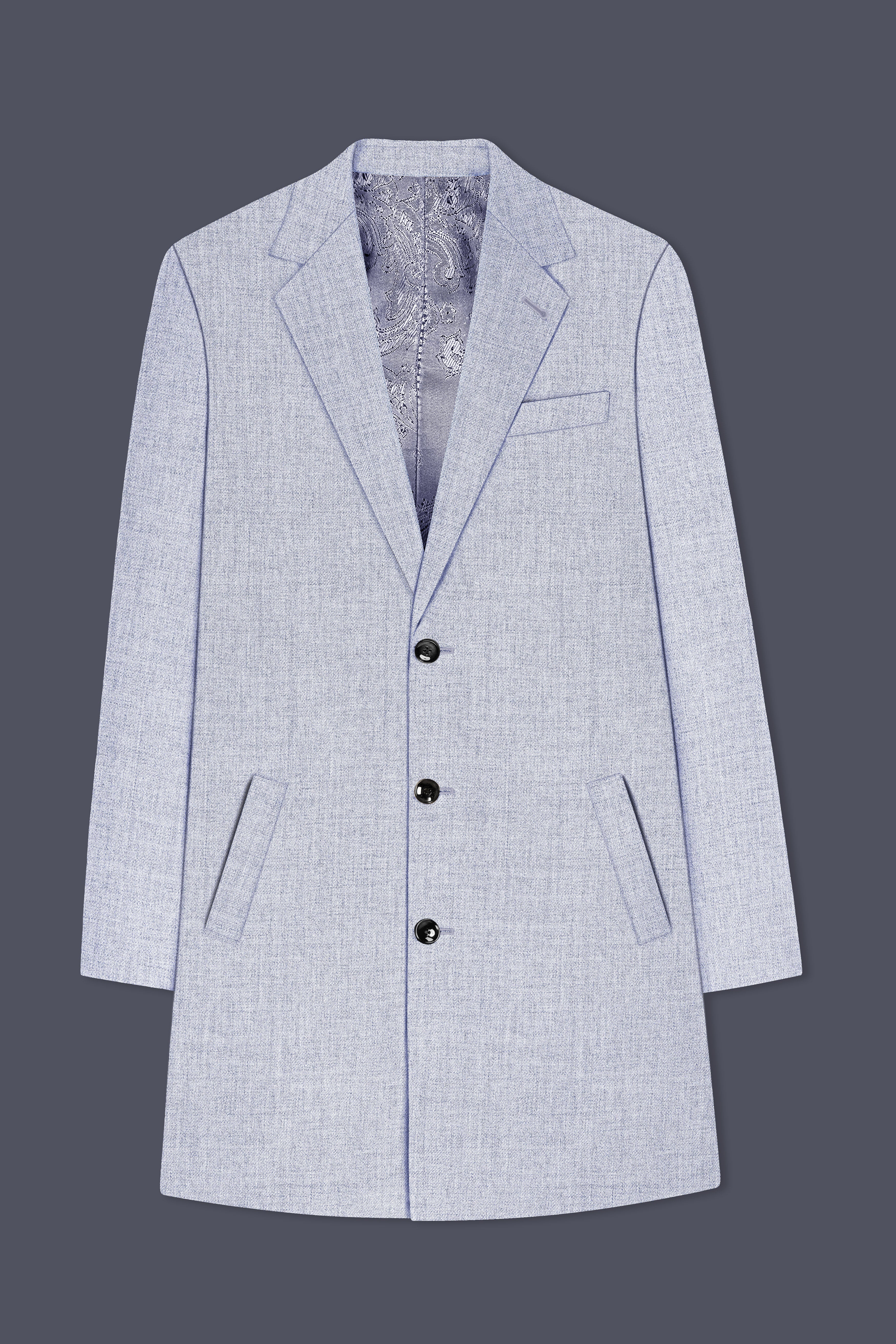 Celestia-Frosted Lilac Blue Textured Tweed Single Breasted Trench Coat