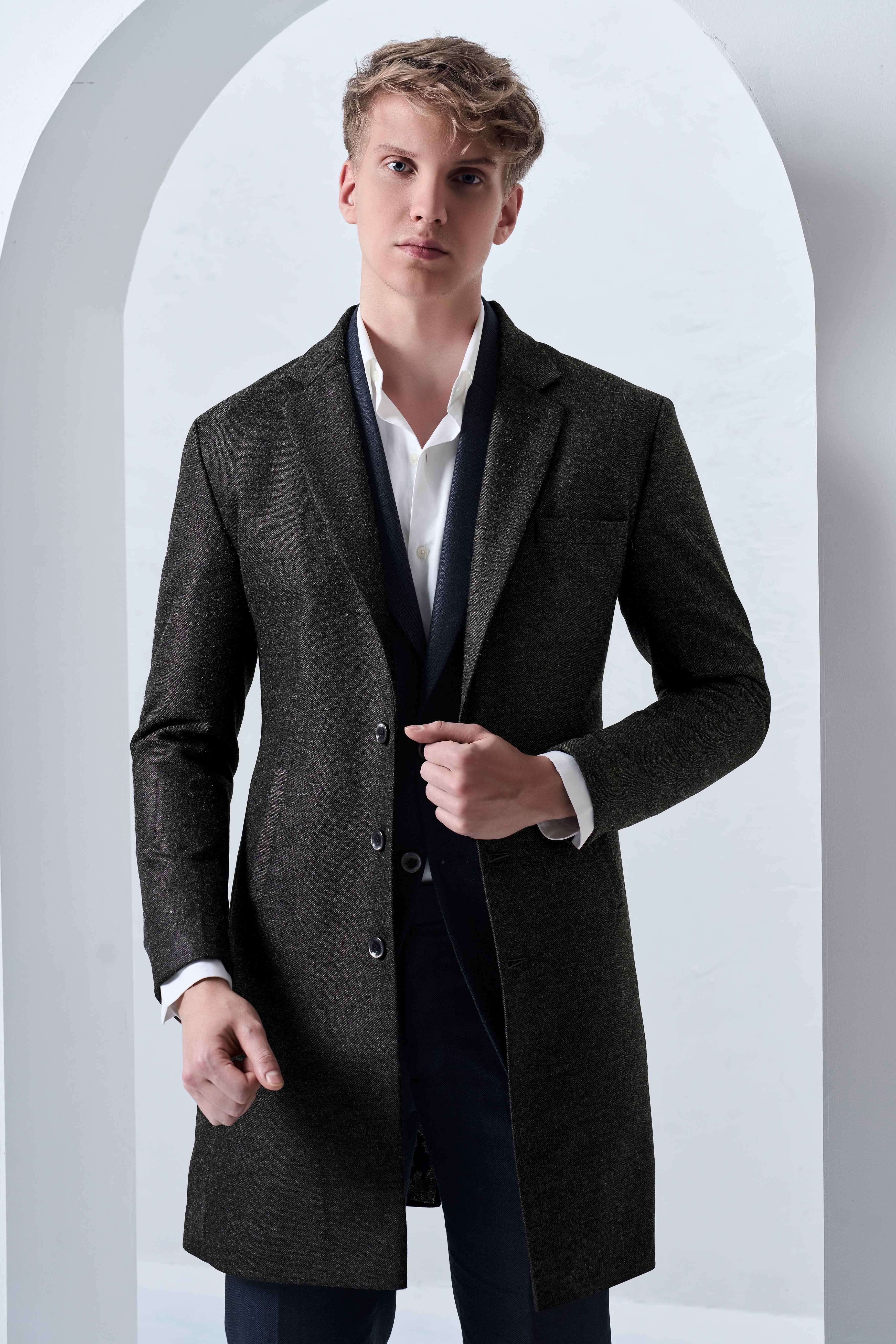 Metallo-Gunmetal Gray Textured Tweed Single Breasted Overcoat