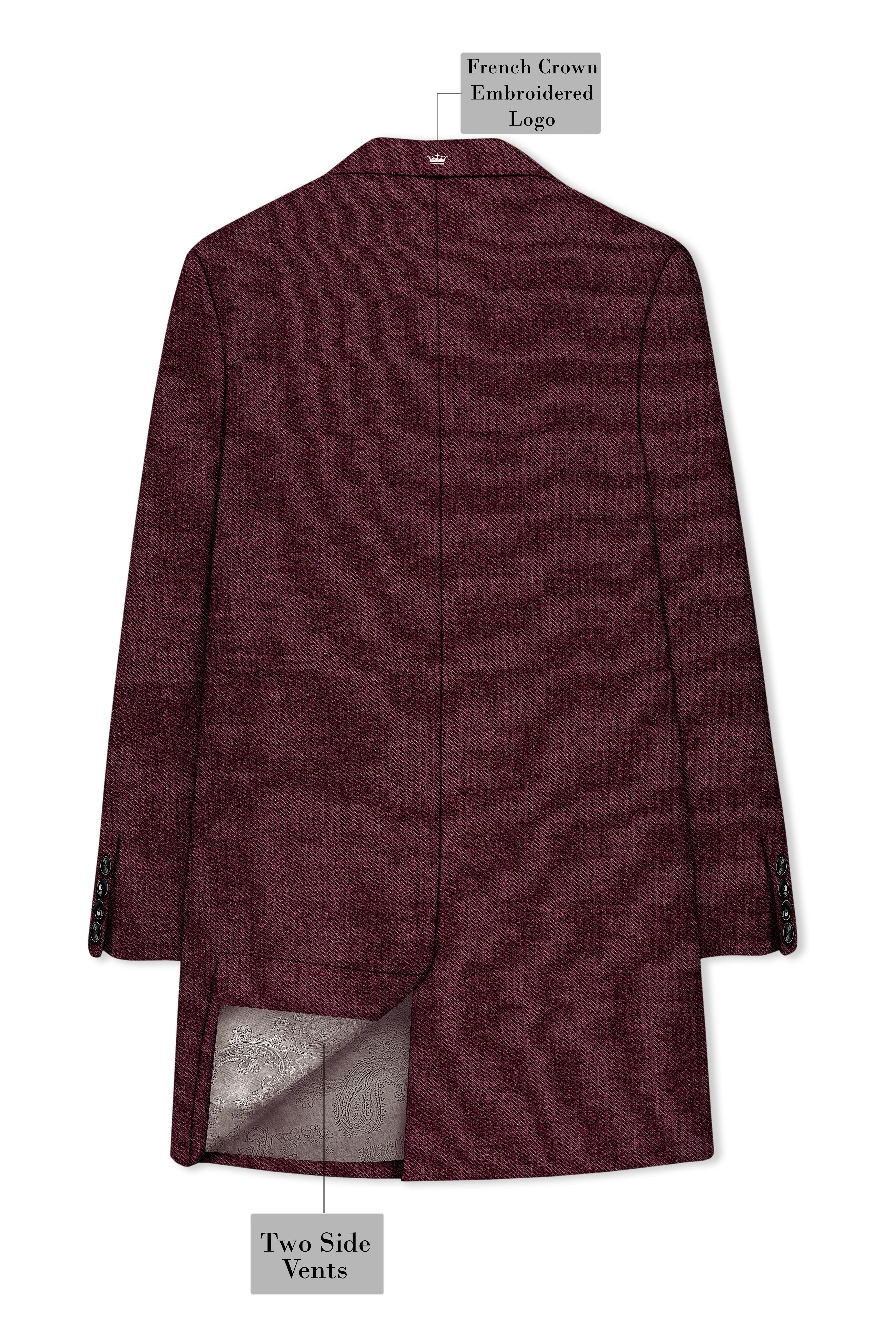 Burgvoro-Crated Maroon Textured Tweed Single Breasted Overcoat