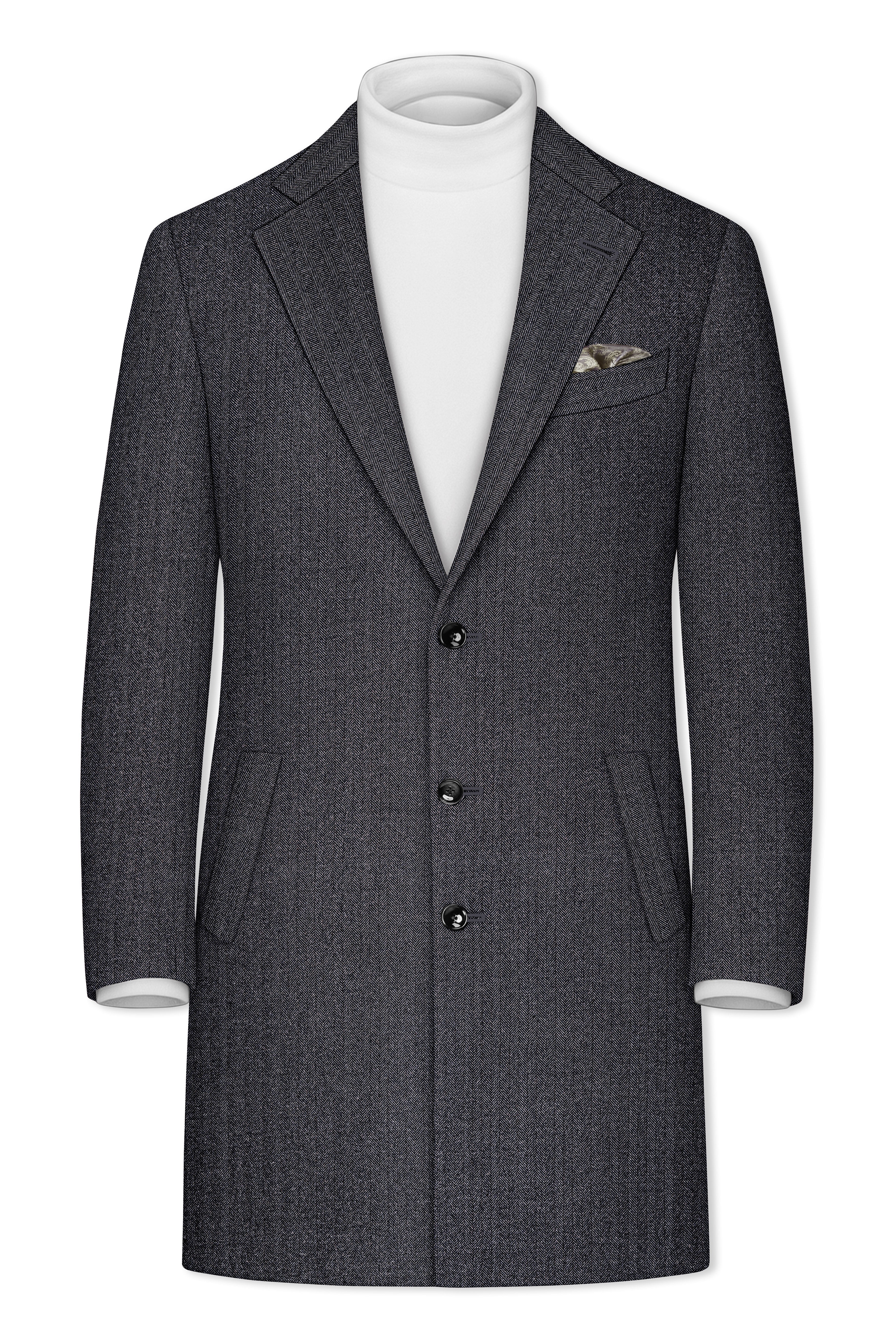 Silvoro-Iridium Gray Herringbone Textured Tweed Single Breasted Overcoat