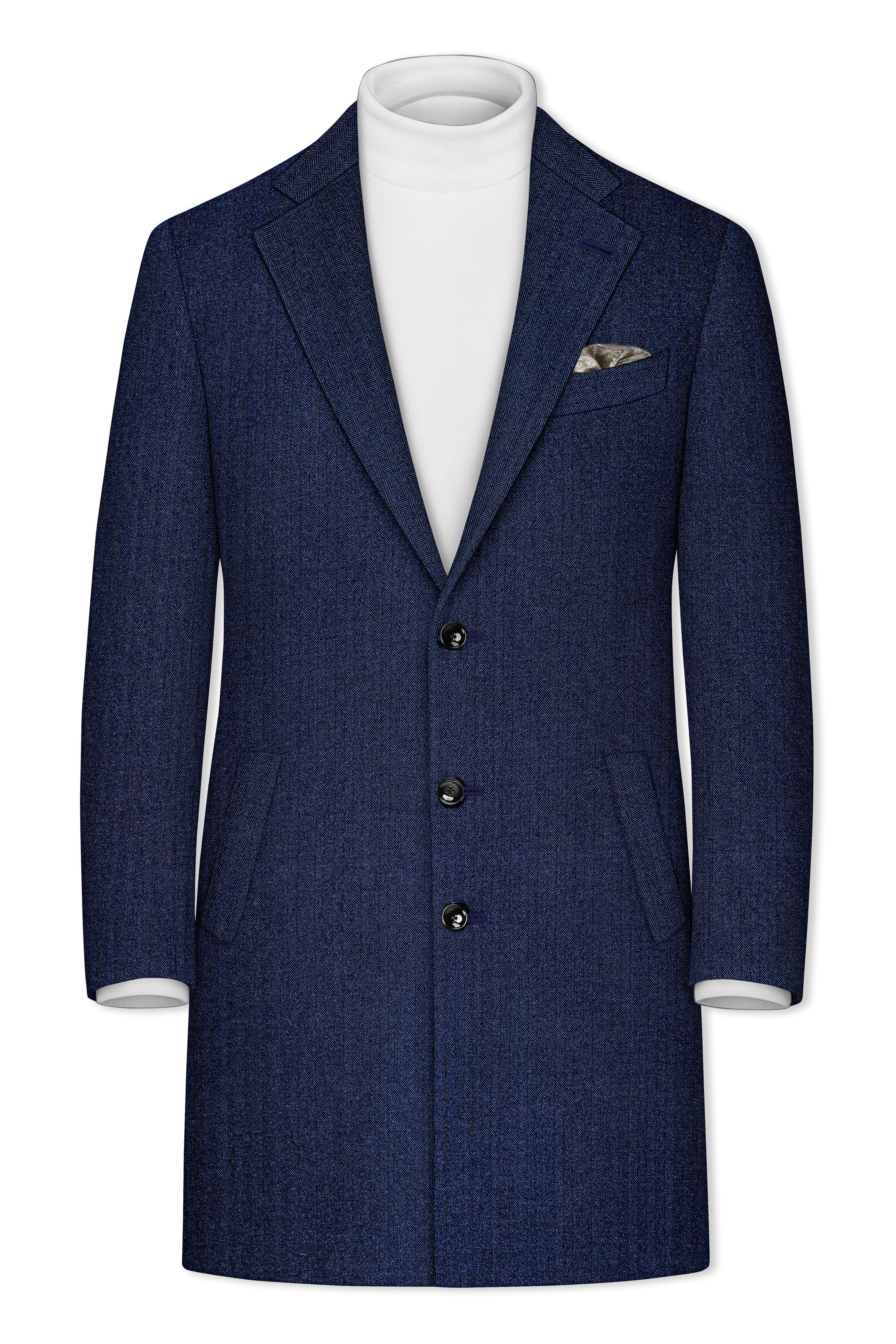 Aurevu-Vulcan Blue Herringbone Textured Tweed Single Breasted Overcoat